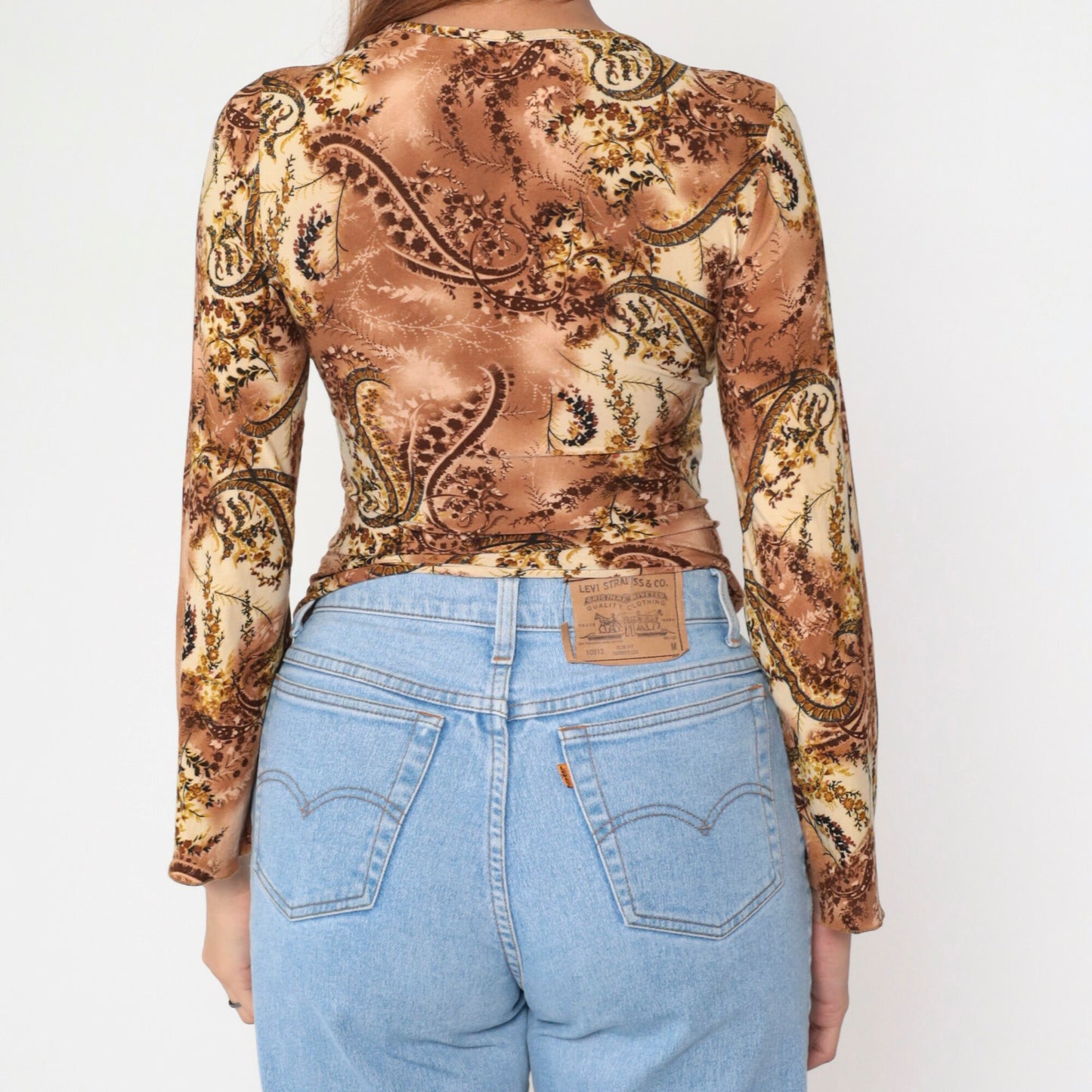 Y2K Paisley Keyhole Blouse Scoop Neck Bell Sleeve Brown Small