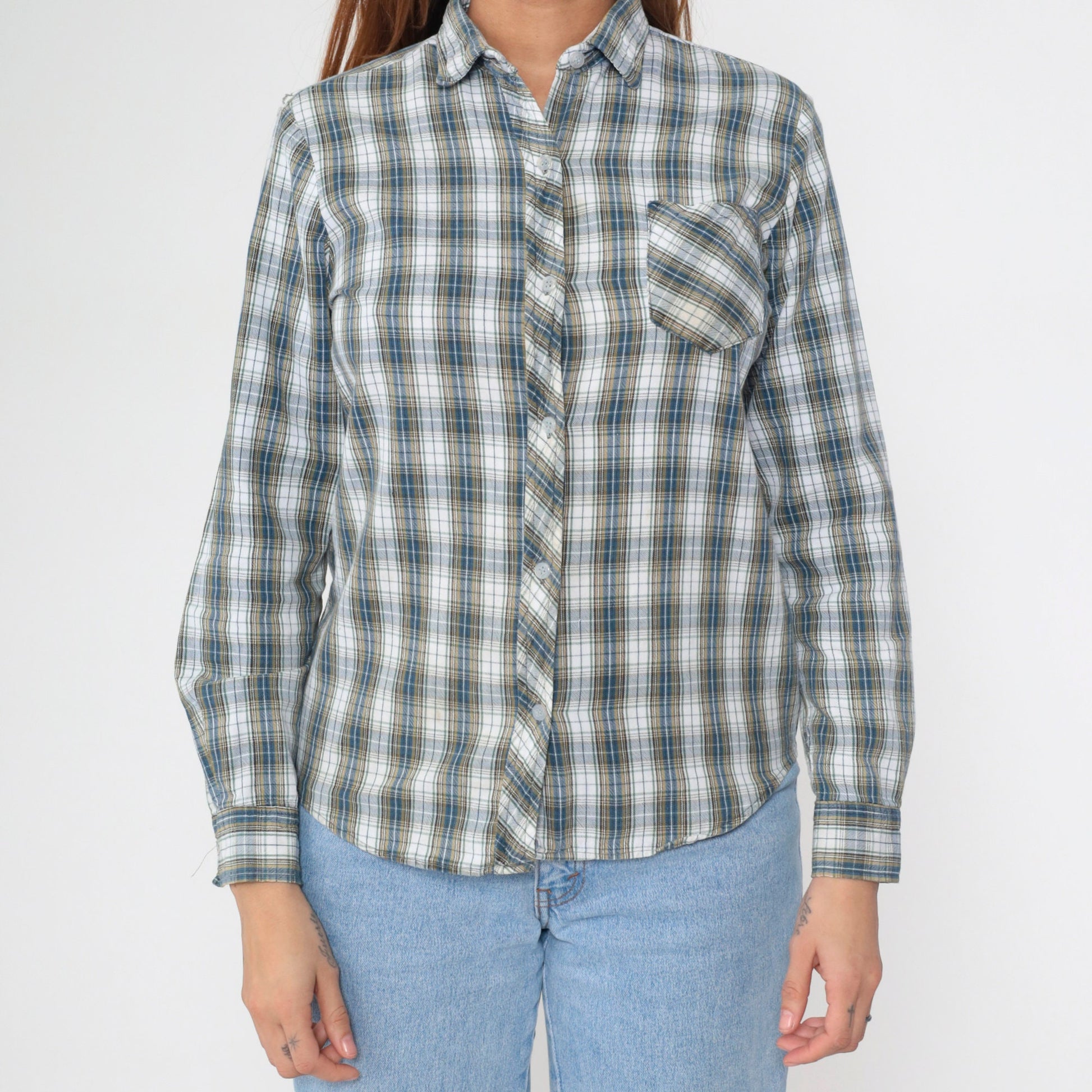 70s/80s Plaid Cotton Button-Up Blouse White Blue Yellow Checkered Long Sleeve Medium