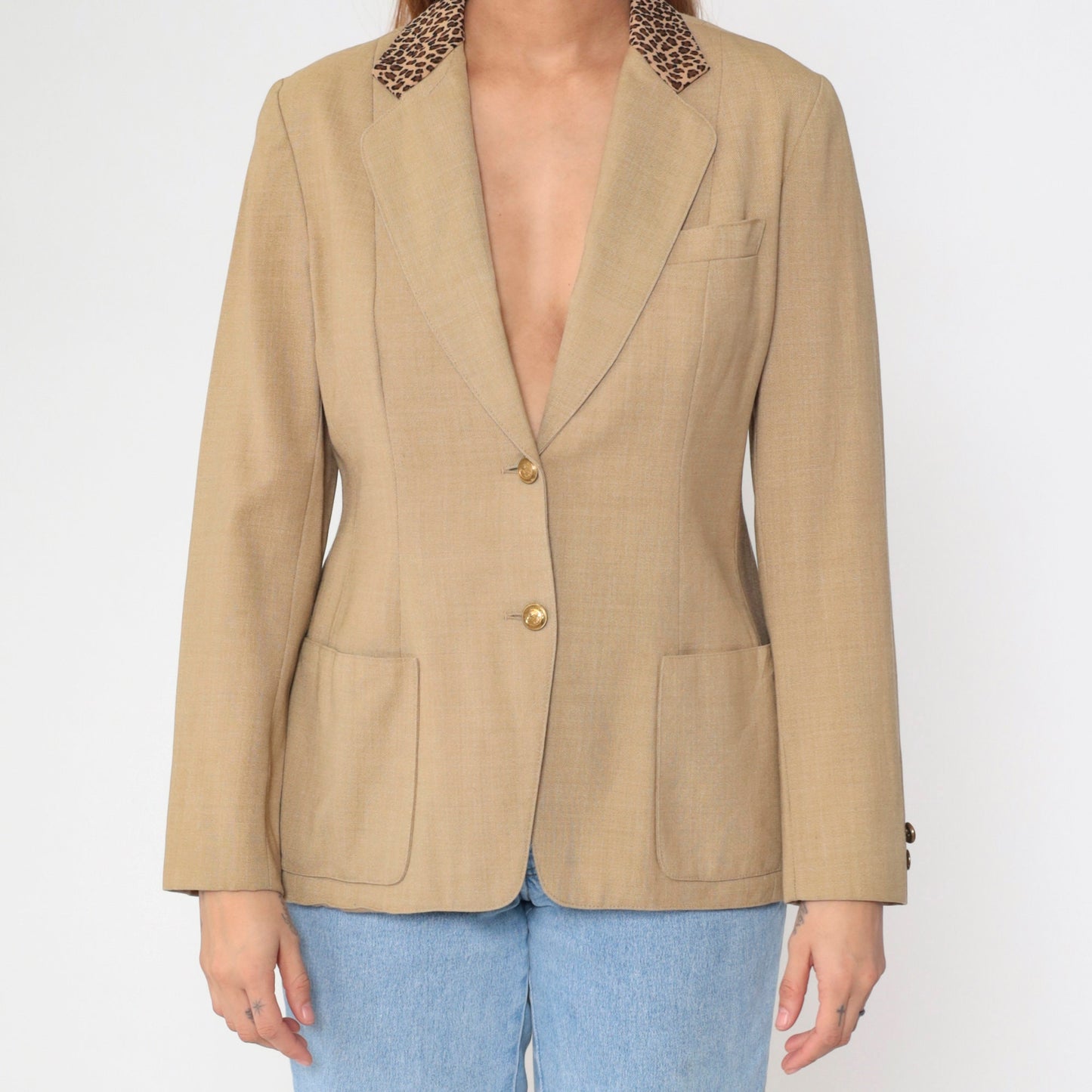 90s Tan Blazer Leopard Print Collar Deep V Neck Princess Seam Small S
