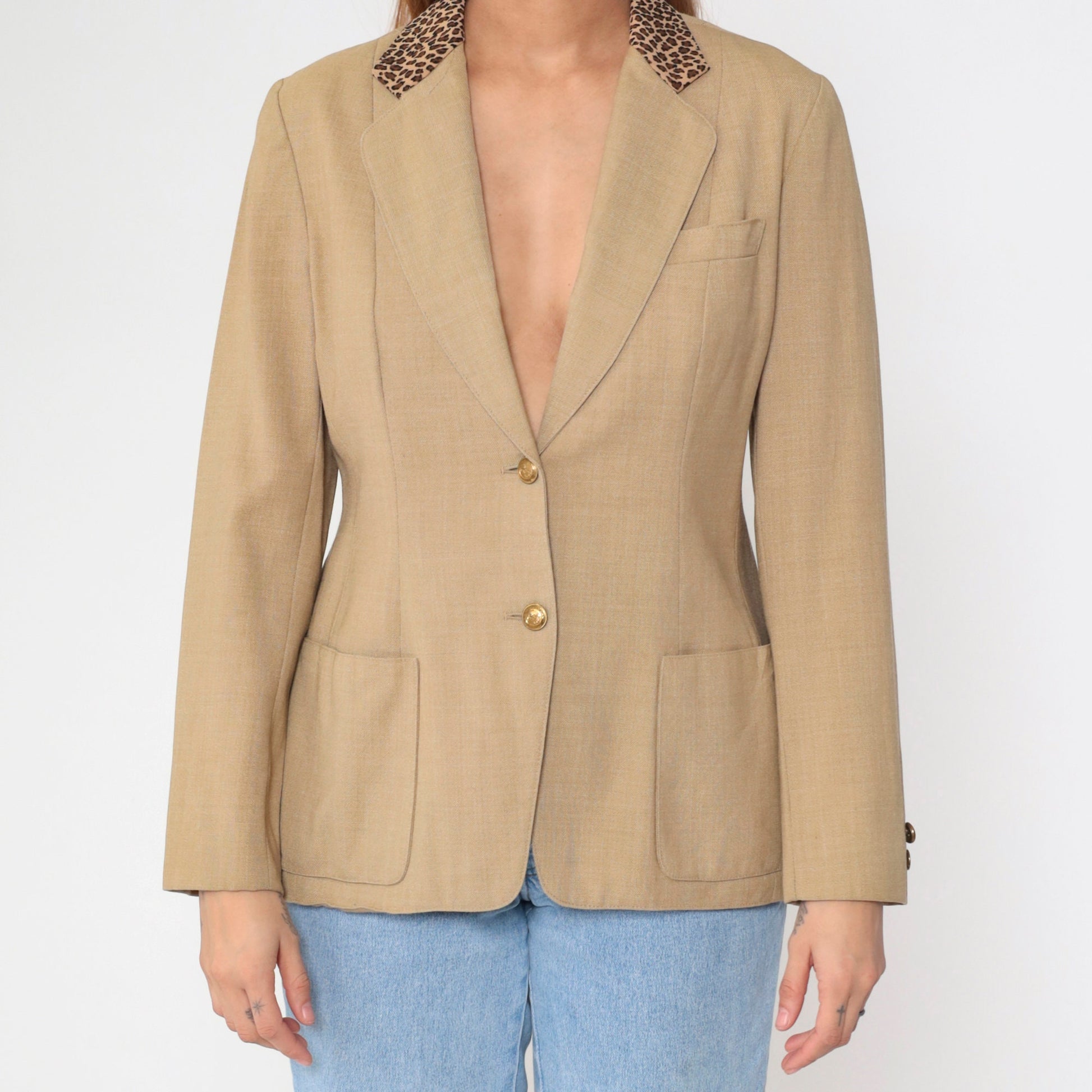 90s Tan Blazer Leopard Print Collar Deep V Neck Princess Seam Small S