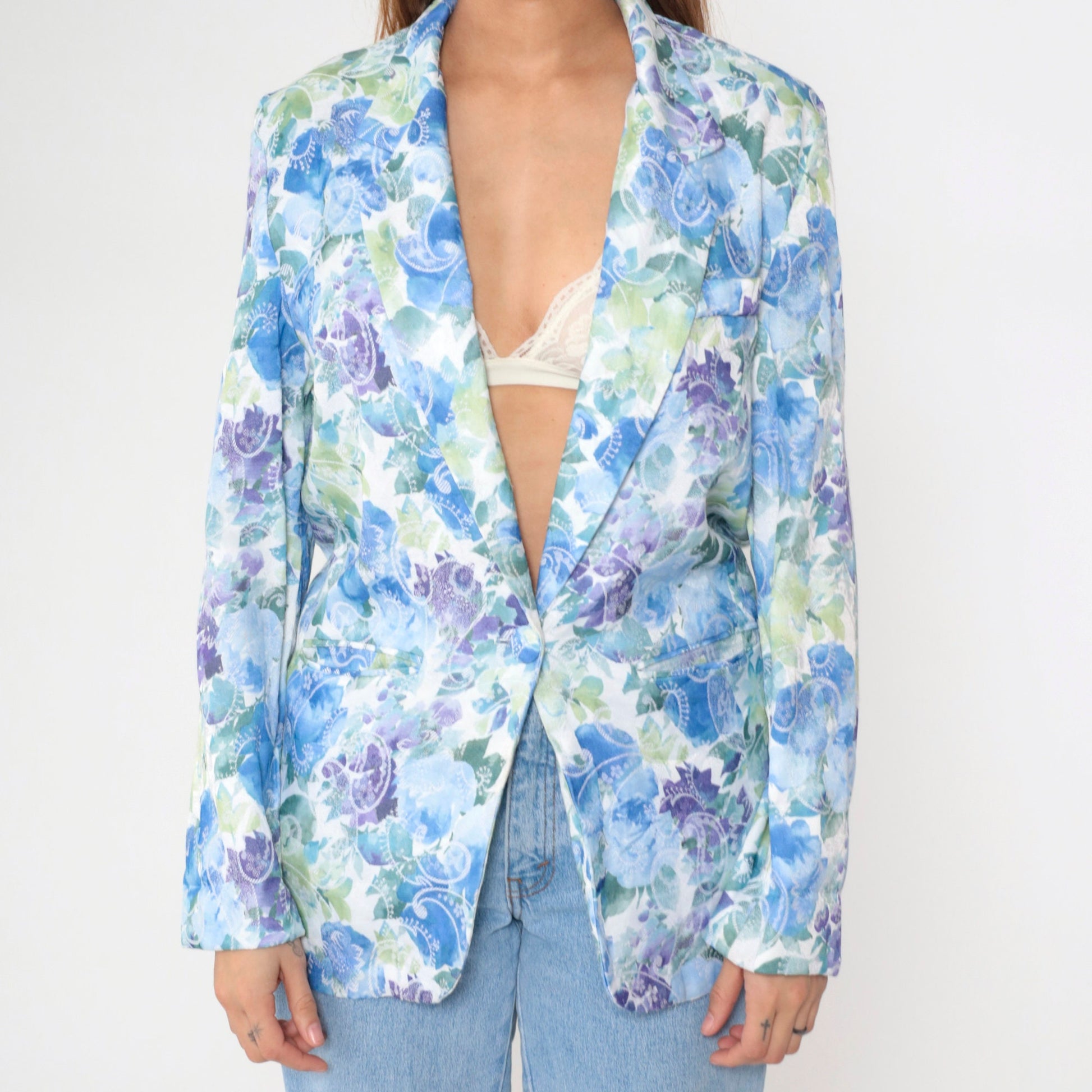 90s Floral Jacquard Blazer Blue Green Paisley Notch Lapel Medium
