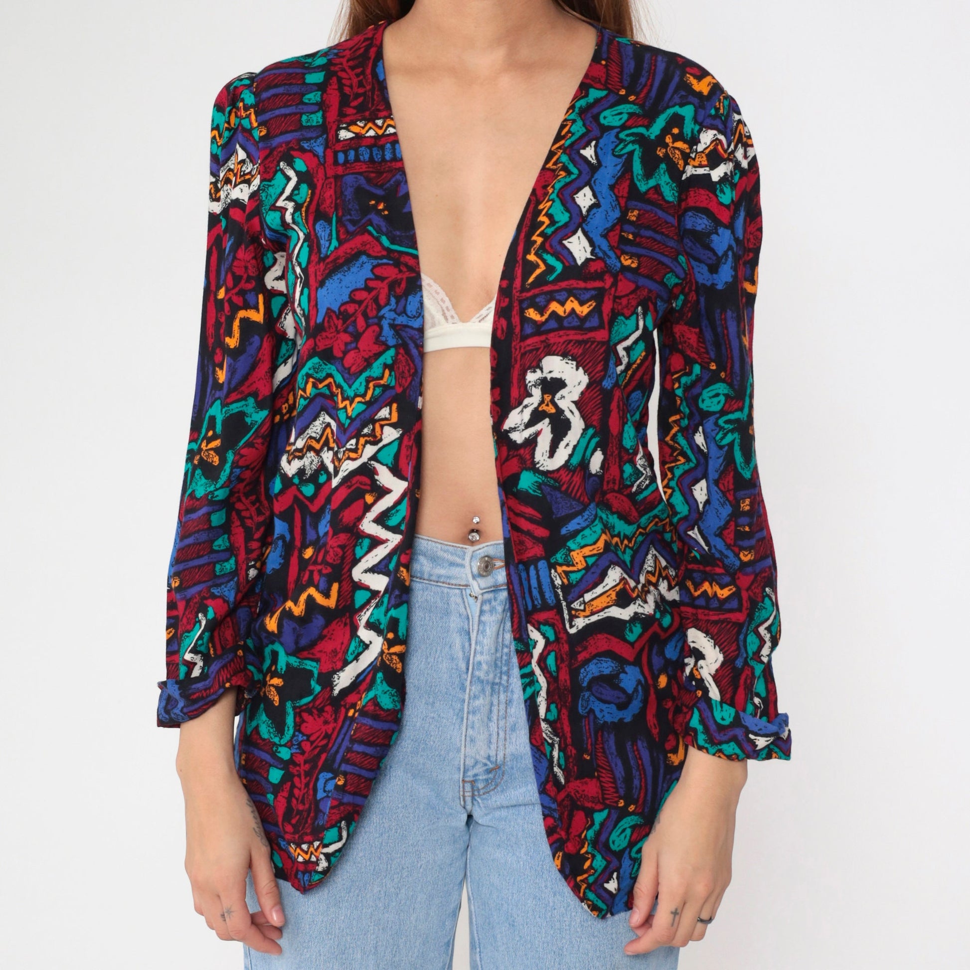 90s Abstract Geometric Floral Blazer Jacket Red Blue Open Front Puff Sleeve Medium Petite