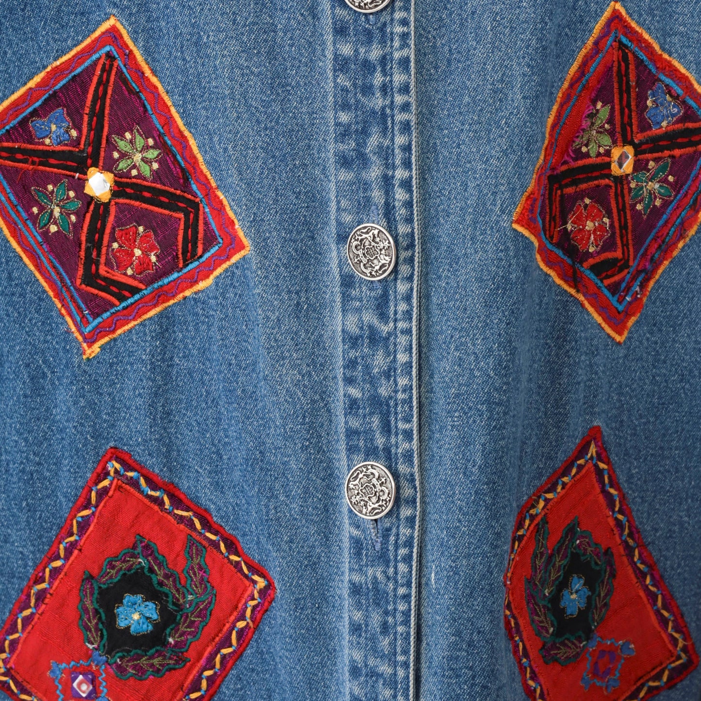 90s Floral Embroidered Denim Jacket Shisha Mirror Work Blue Cotton Extra Large