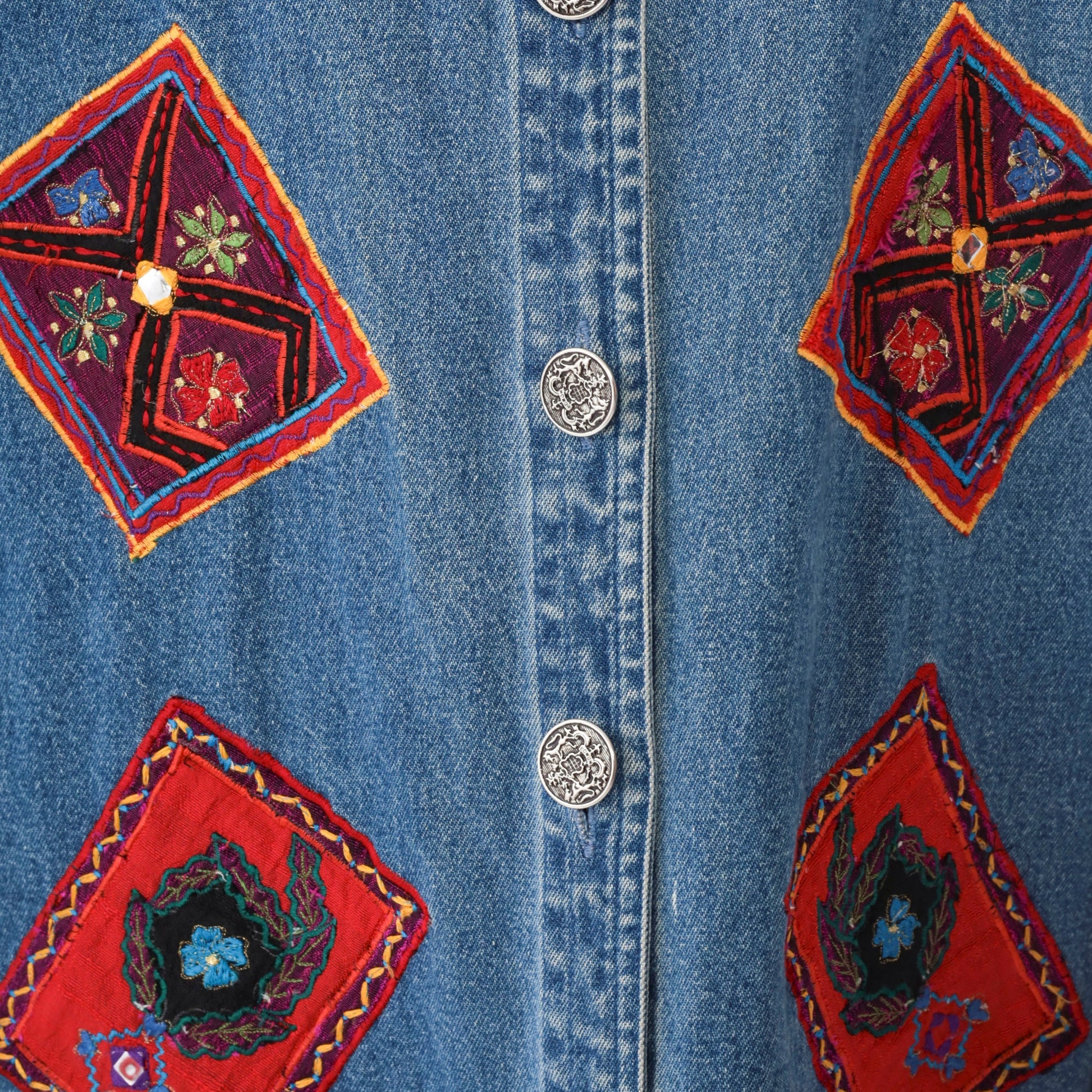 90s Floral Embroidered Denim Jacket Shisha Mirror Work Blue Cotton Extra Large