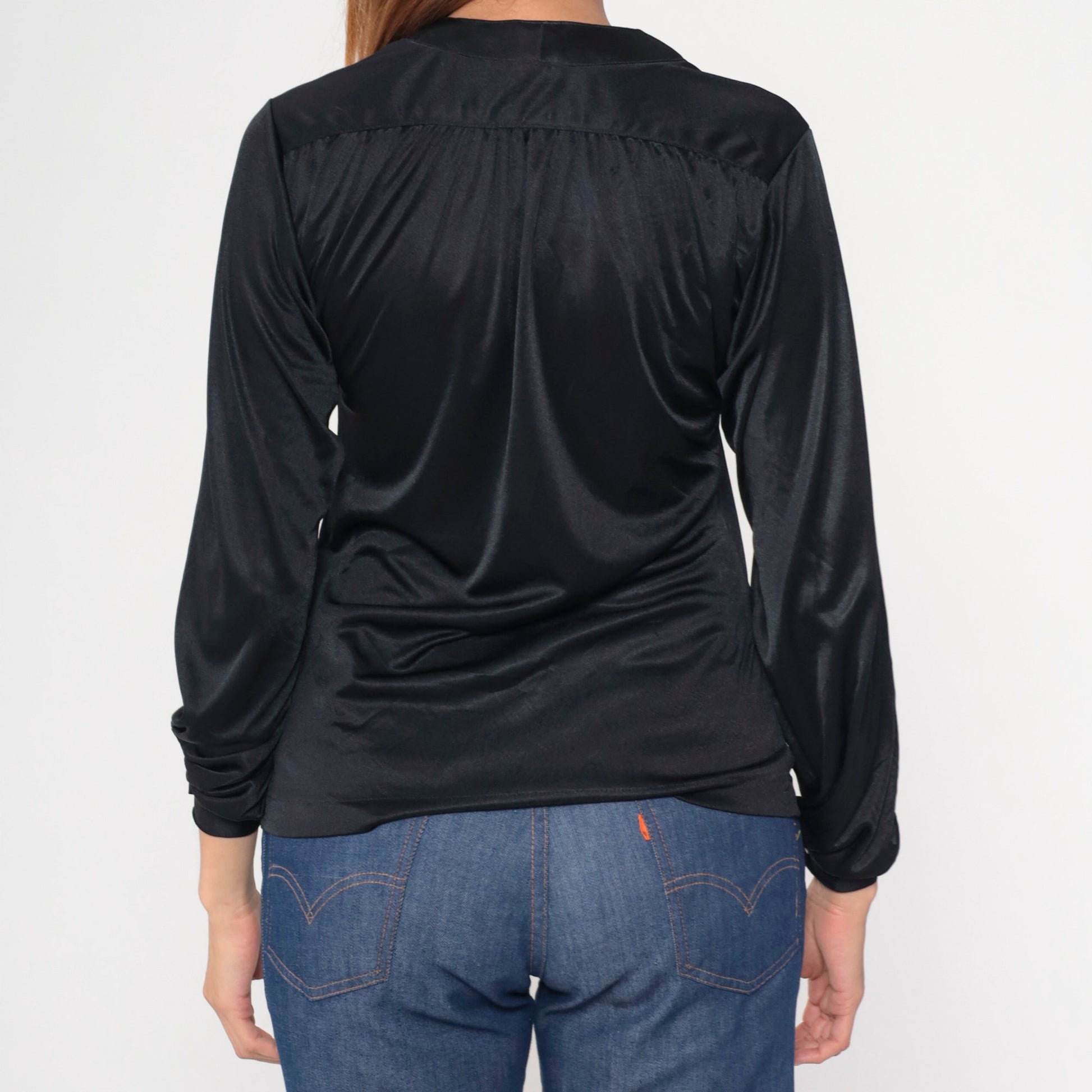 70s Black Polyester Button-Up Blouse V-Neck Long Sleeve Small S