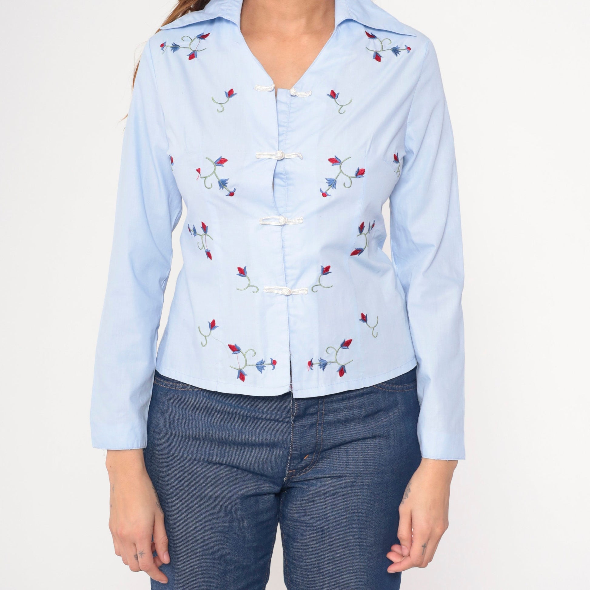 90s Light Blue Floral Embroidered Button-Up Blouse Chinese Knot Long Sleeve Small S