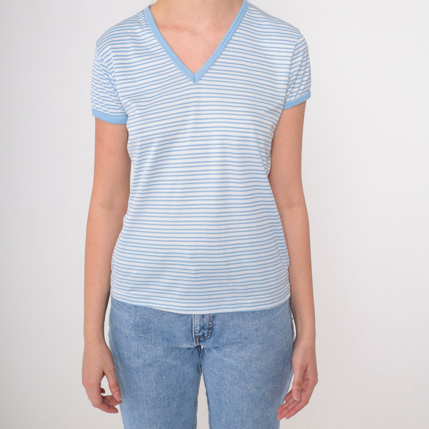80s Blue White Striped V-Neck T-Shirt Single Stitch Ringer Tee Small