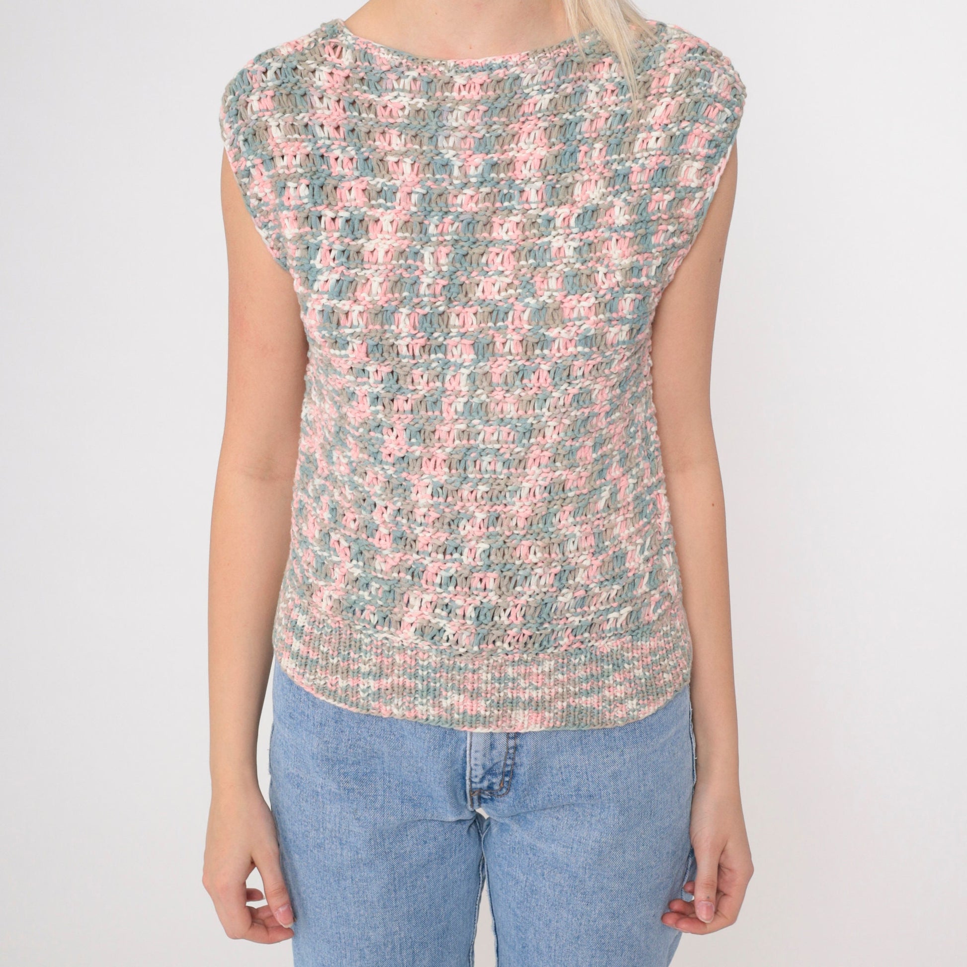 80s Openwork Crochet Sweater Top Ombre Pink Blue Cap Sleeve Extra Small