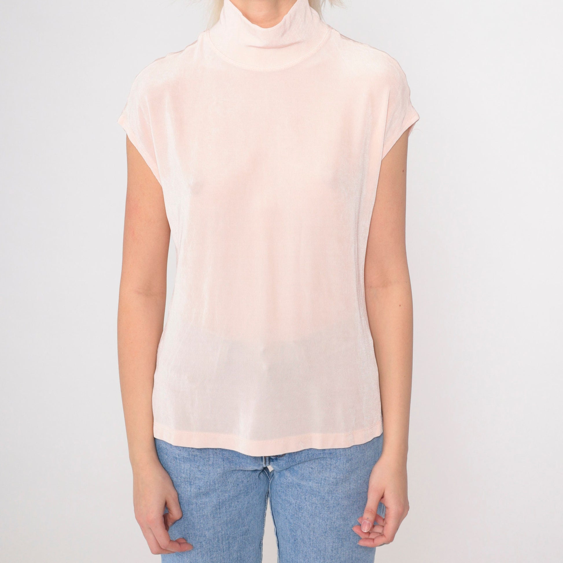 90s Coldwater Creek Mock Neck Top Baby Pink Cap Sleeve Medium M