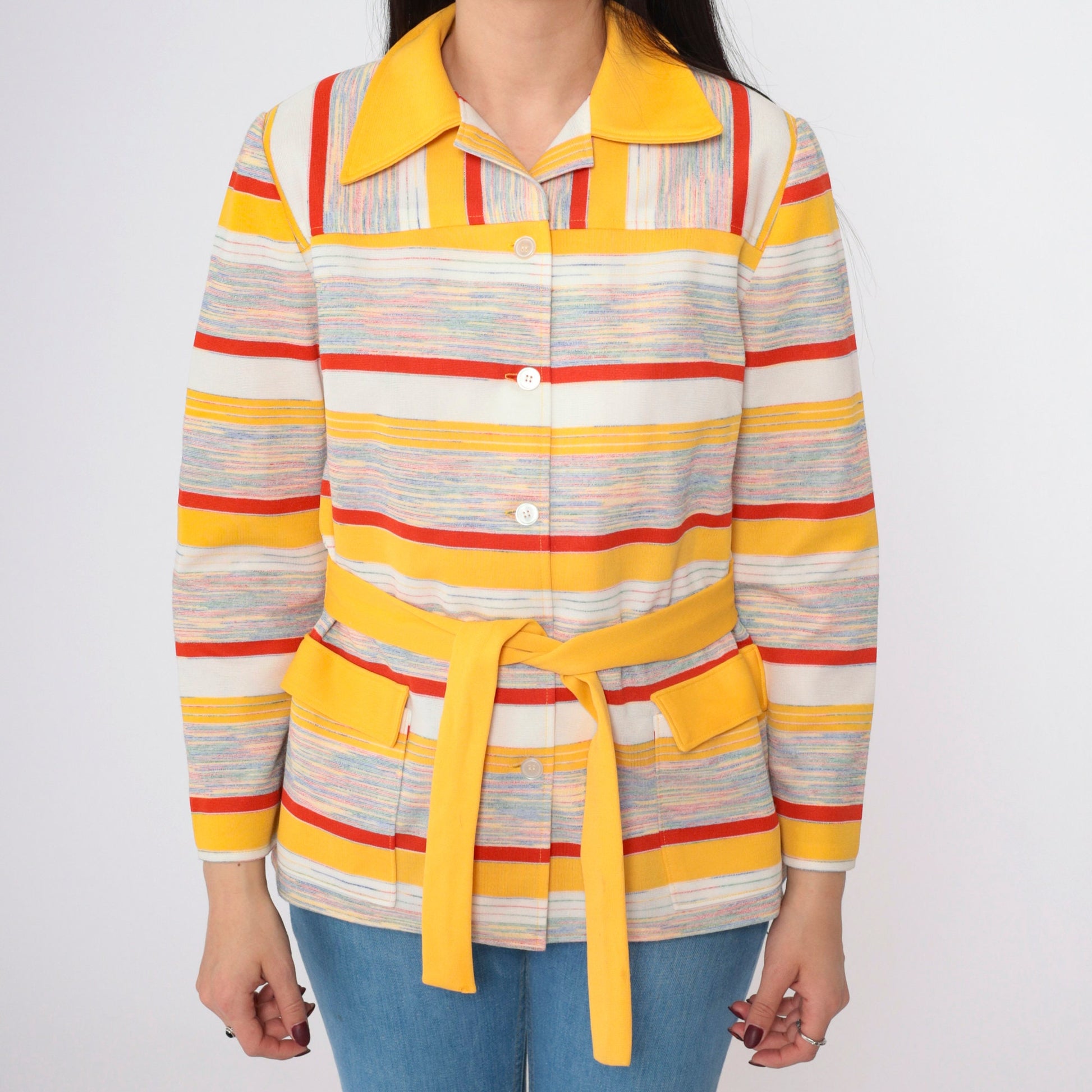 70s Yellow Red Striped Button-Up Blouse Pointed Collar Long Sleeve Small