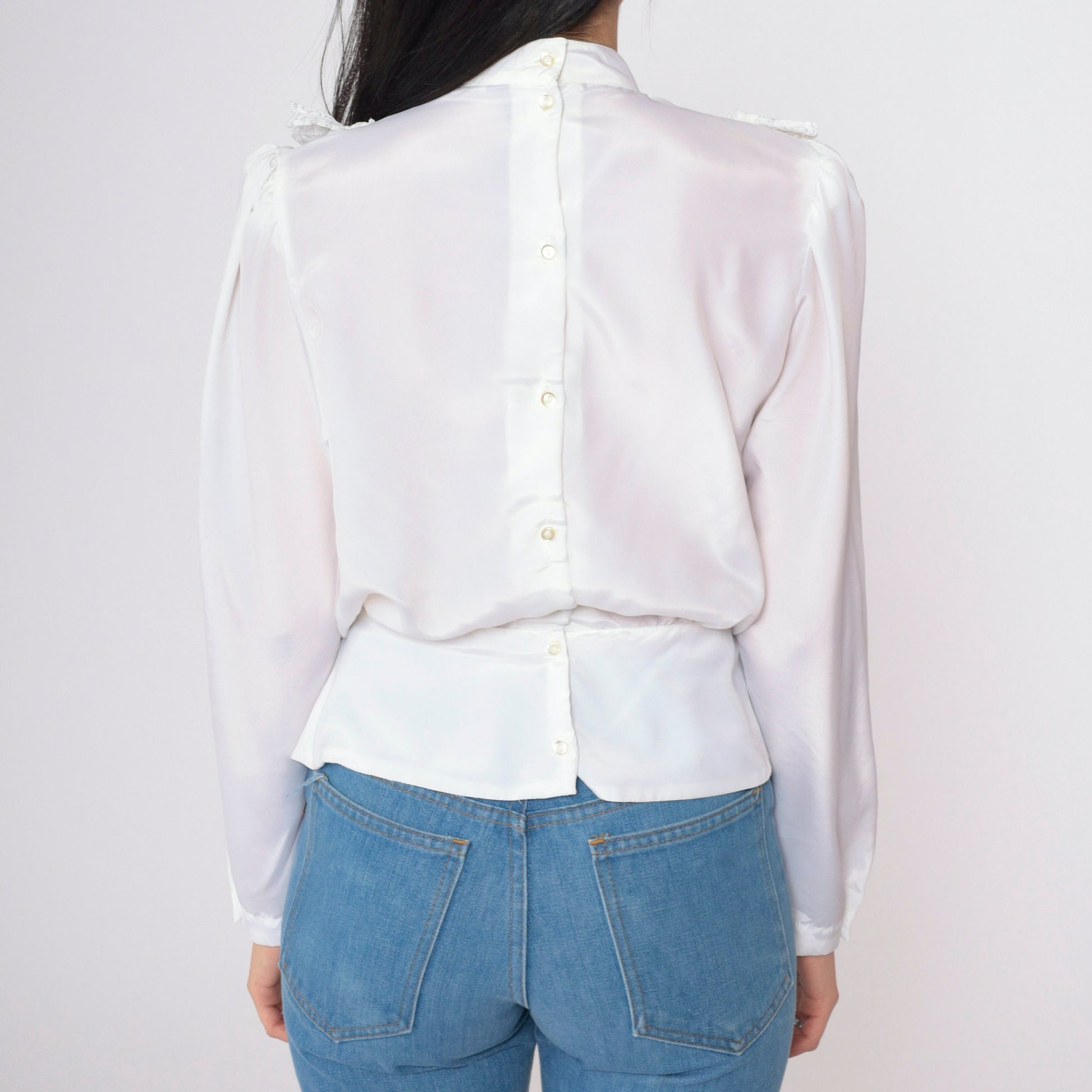 80s White Lace Jabot Blouse Puff Sleeve Button Back Shirt Small