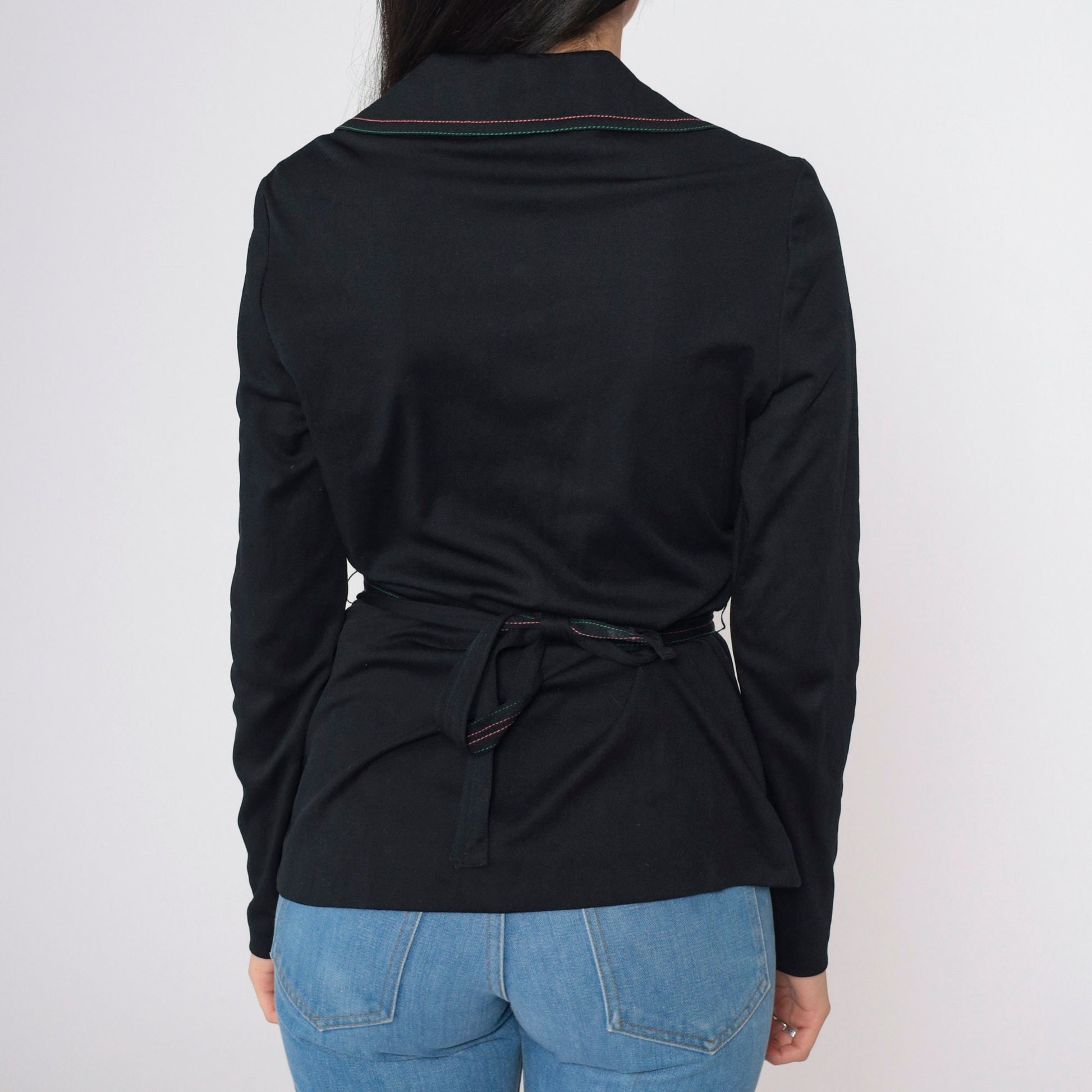70s Black Long Sleeve Blouse Wide Collar Contrast Stitching Tie Belt Small