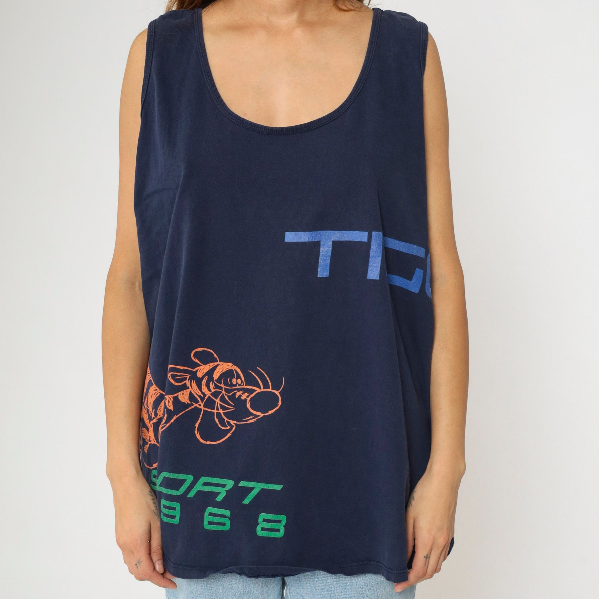 90s Disney Store Tigger Sport Tank Top Navy Graphic Scoop Neck Extra Large XL