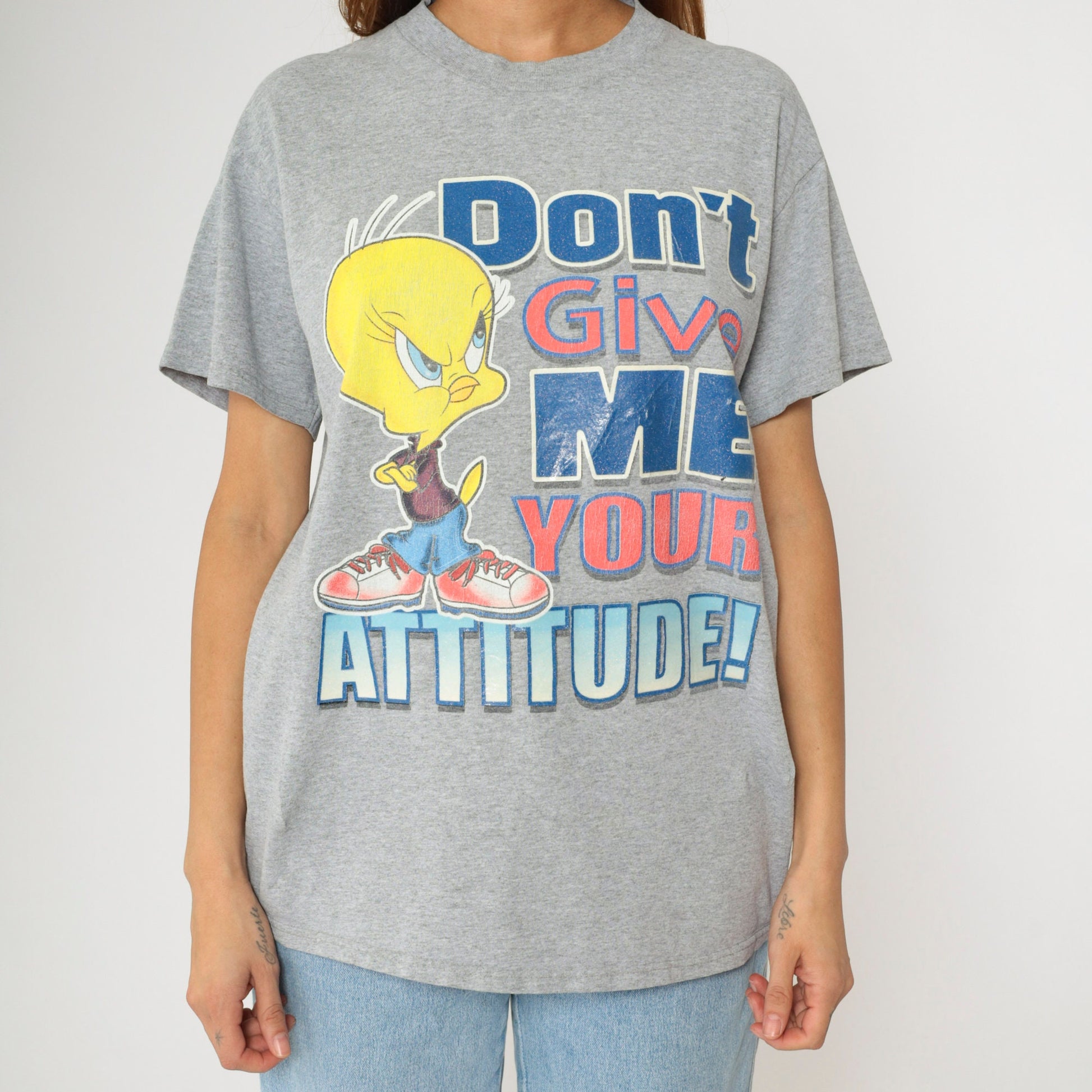 90s Tweety Bird Attitude Graphic T-Shirt Grey Warner Bros Medium