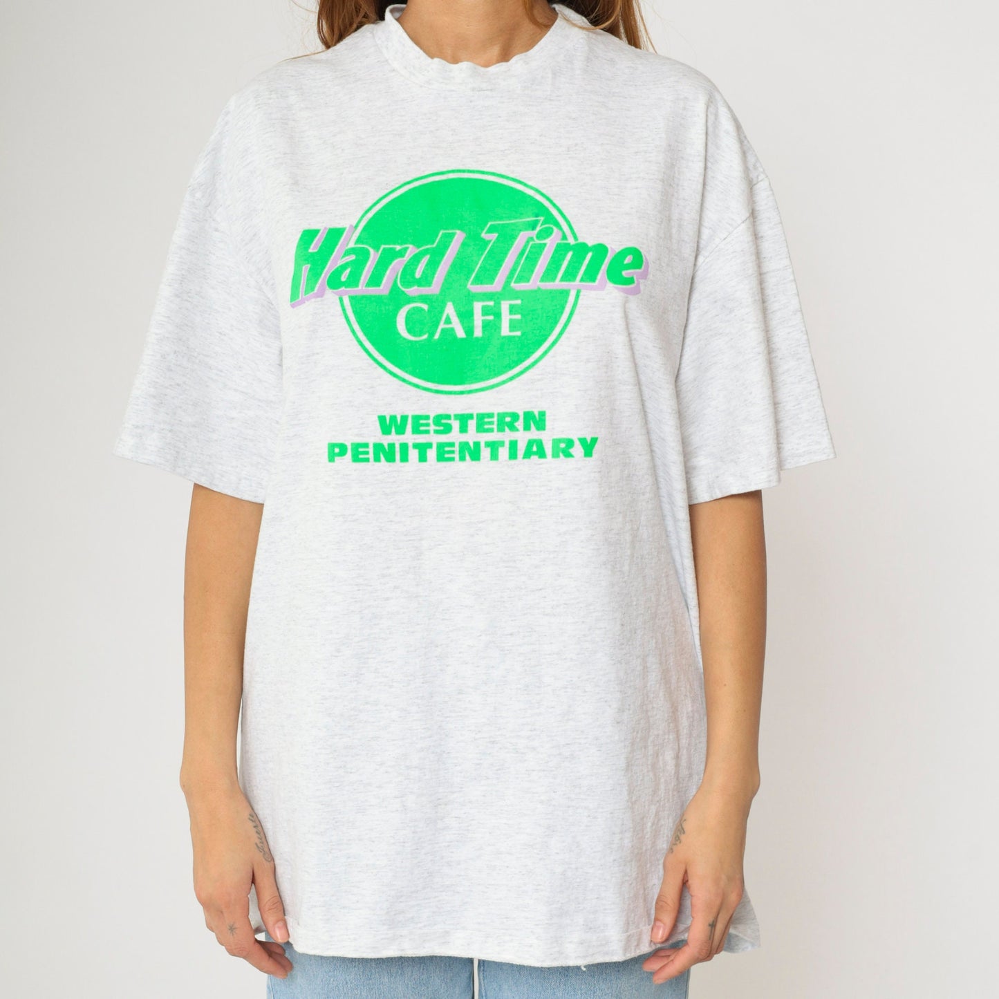90s Hard Time Cafe Western Penitentiary Graphic T-Shirt Grey Cotton Extra Large