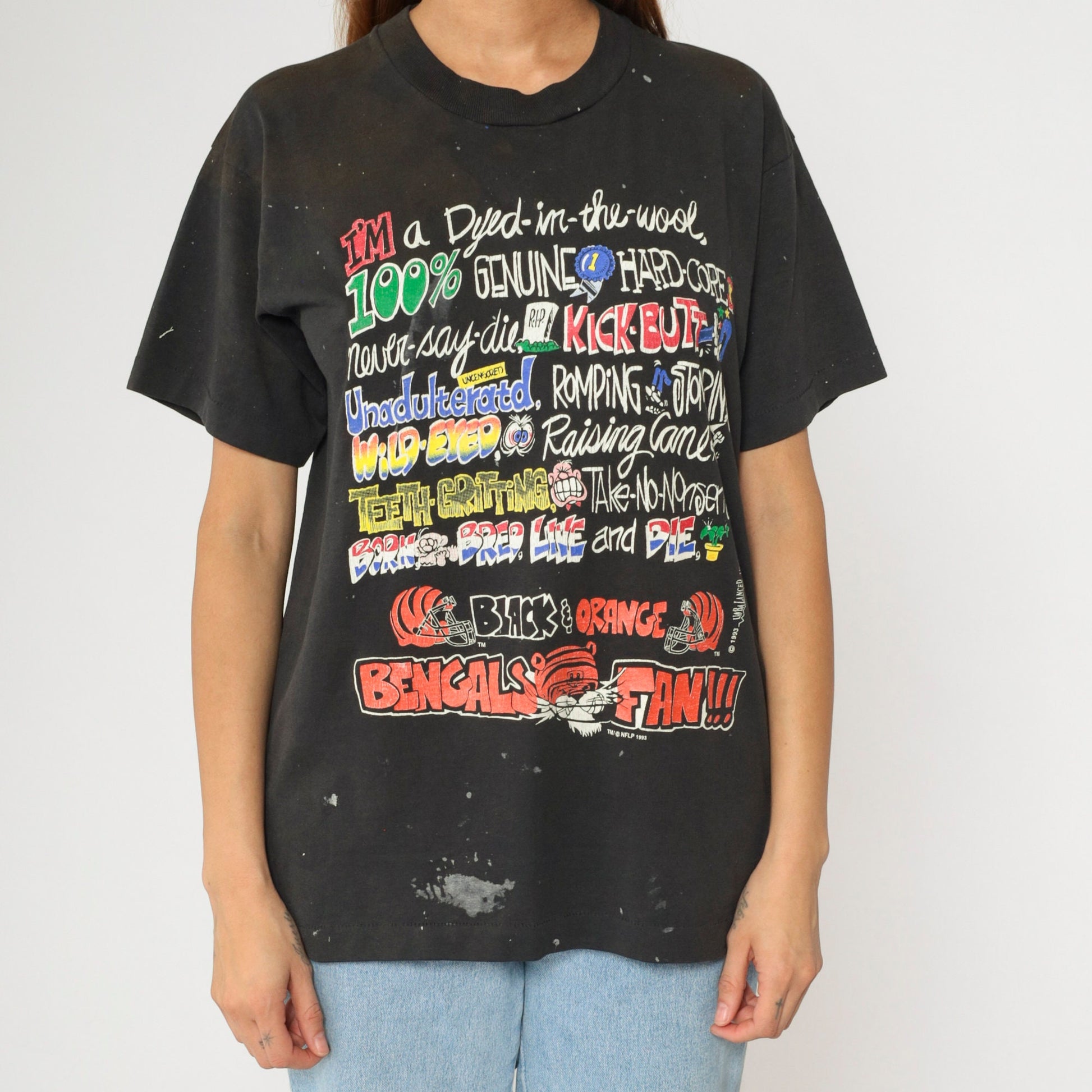 90s Cincinnati Bengals NFL Graphic T-Shirt Black Distressed Medium
