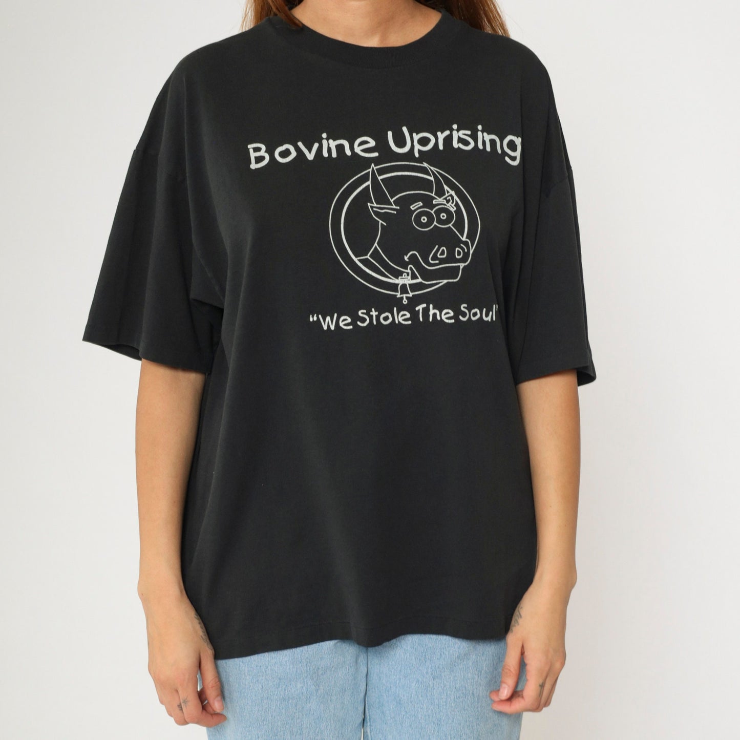90s Bovine Uprising Graphic T-Shirt Black Cow Punk Tee Extra Large XL