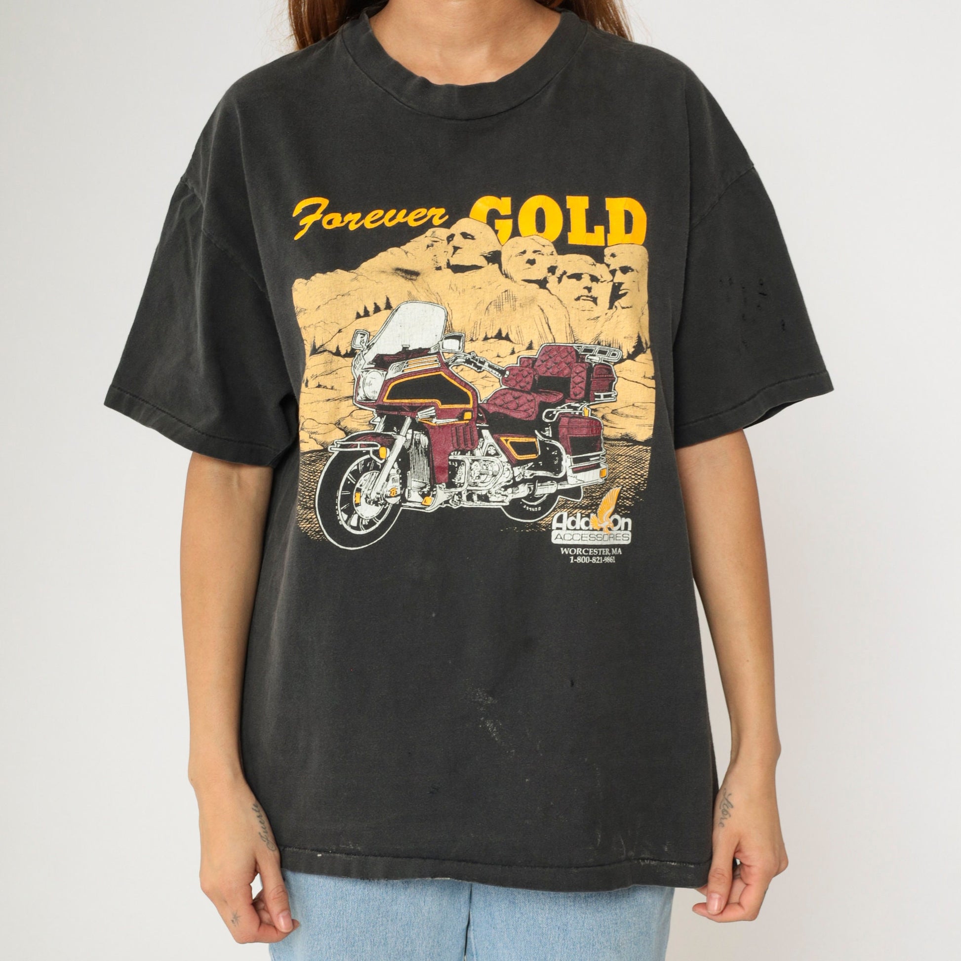 90s Mount Rushmore Forever Gold Motorcycle Graphic Tee Black Cotton Extra Large