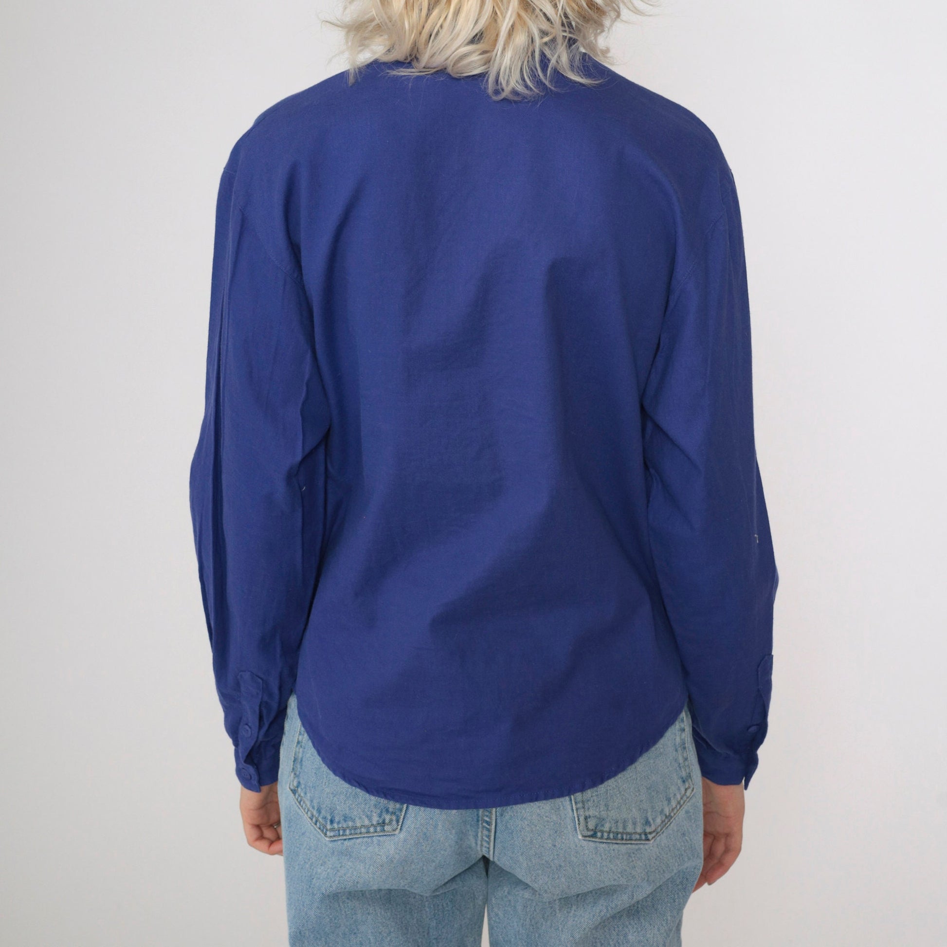 90s Blue Collared Blouse Cotton Button-Up Long Sleeve Chest Pocket Large