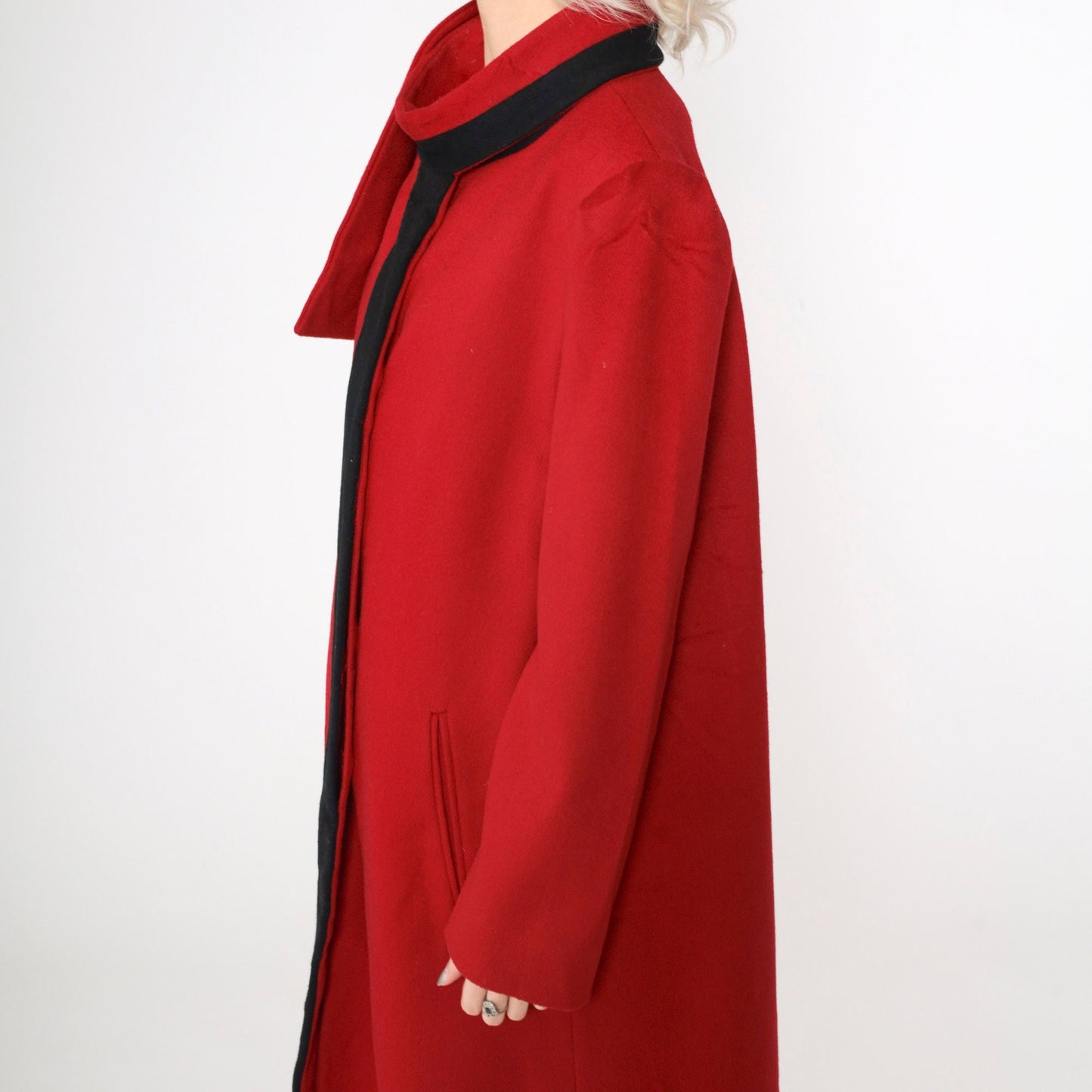 80s Alorna Wool Coat Red Black Trim Long Overcoat Puff Sleeve Medium