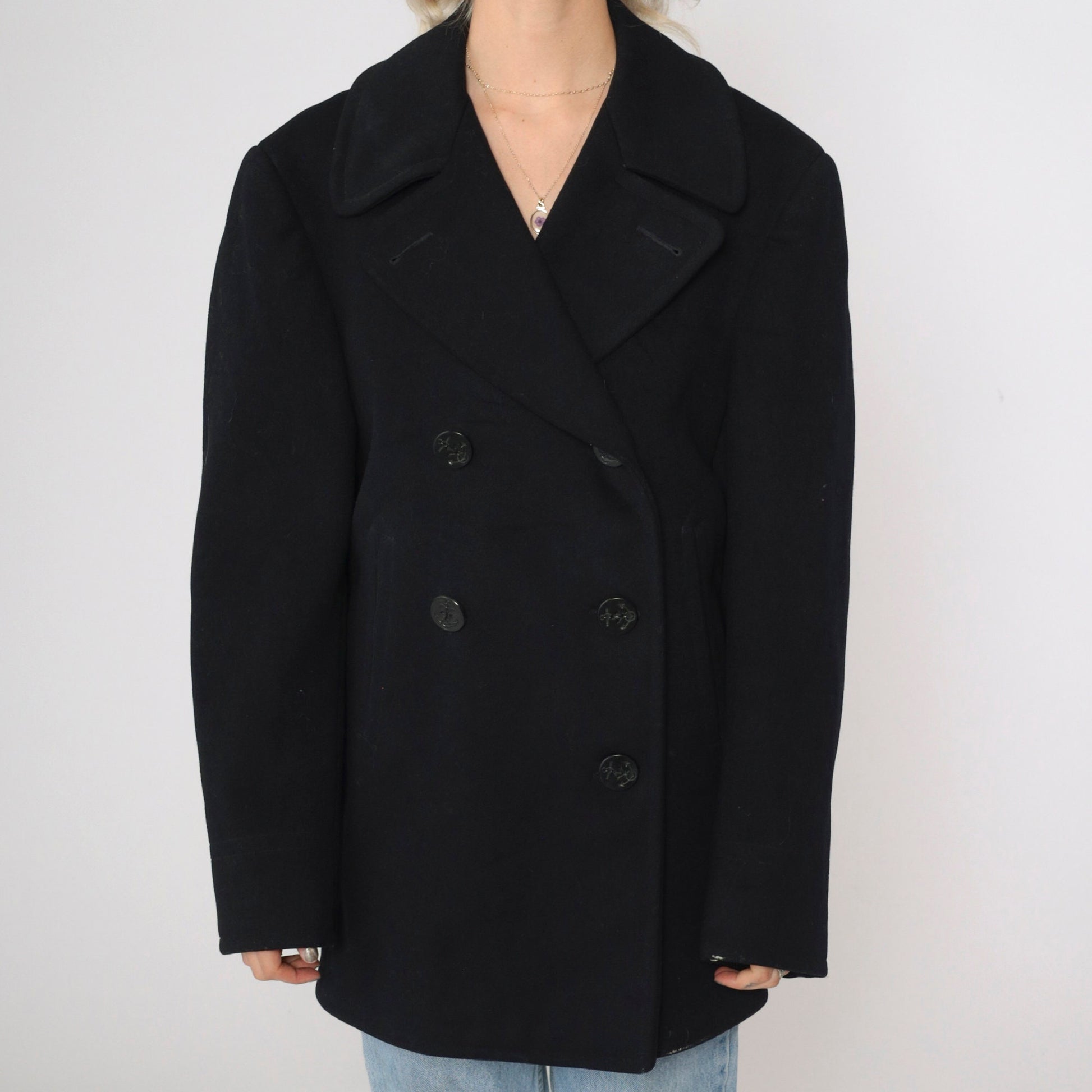 1940s US Navy Pea Coat Wool Double Breasted Black Jacket Medium 36