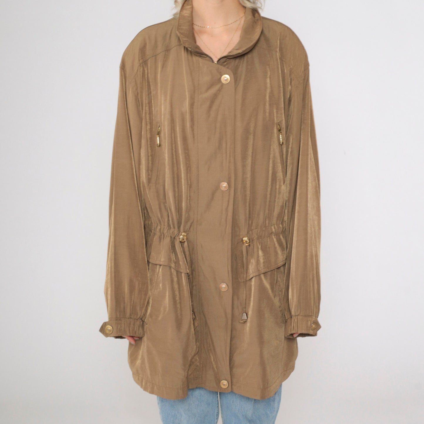 90s Plus Size Brown Windbreaker Jacket Drawstring Waist Zip Pockets XXL