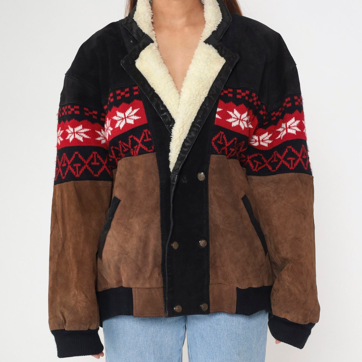 90s Sun & Moon Black Brown Suede Leather Jacket Nordic Snowflake Sherpa Trim Large