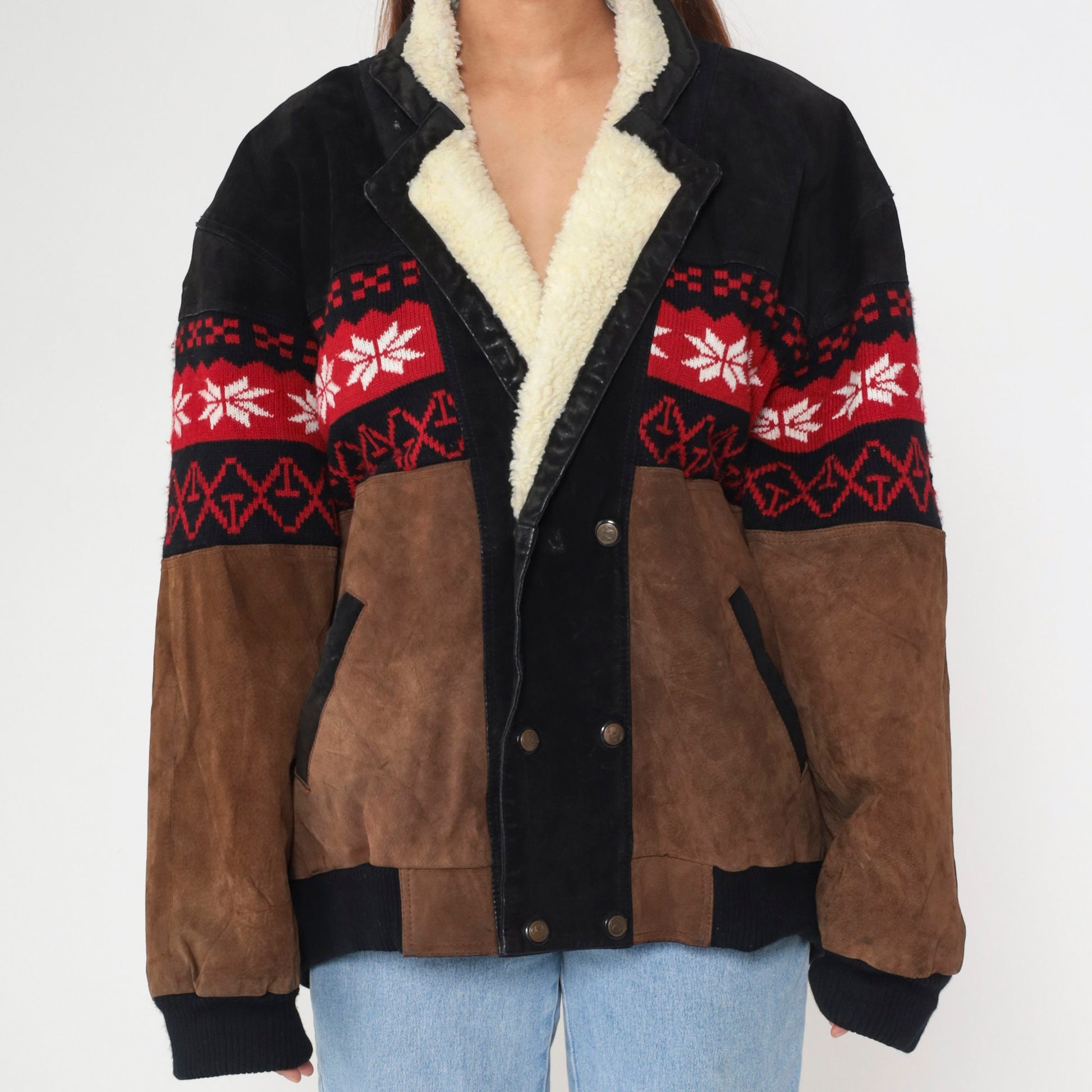90s Sun & Moon Black Brown Suede Leather Jacket Nordic Snowflake Sherpa Trim Large
