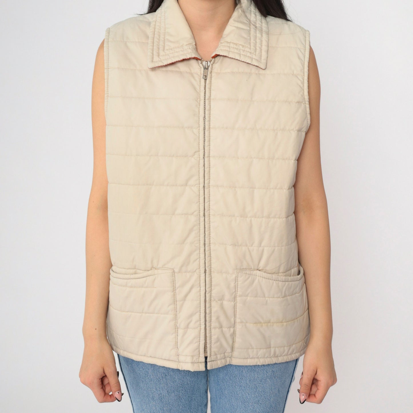 80s Beige Puffer Vest Zip-Up Sleeveless Jacket Rust Lining Medium