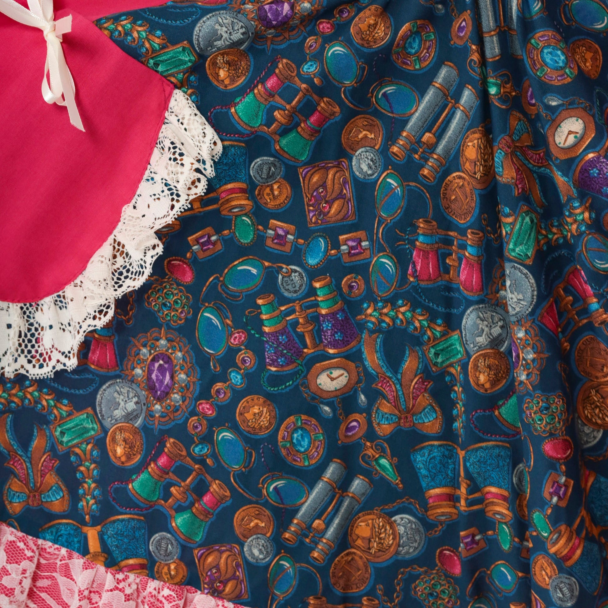 80s Patchwork Midi Skirt Pink Blue Binocular Print High-Waisted Lace Trim Medium
