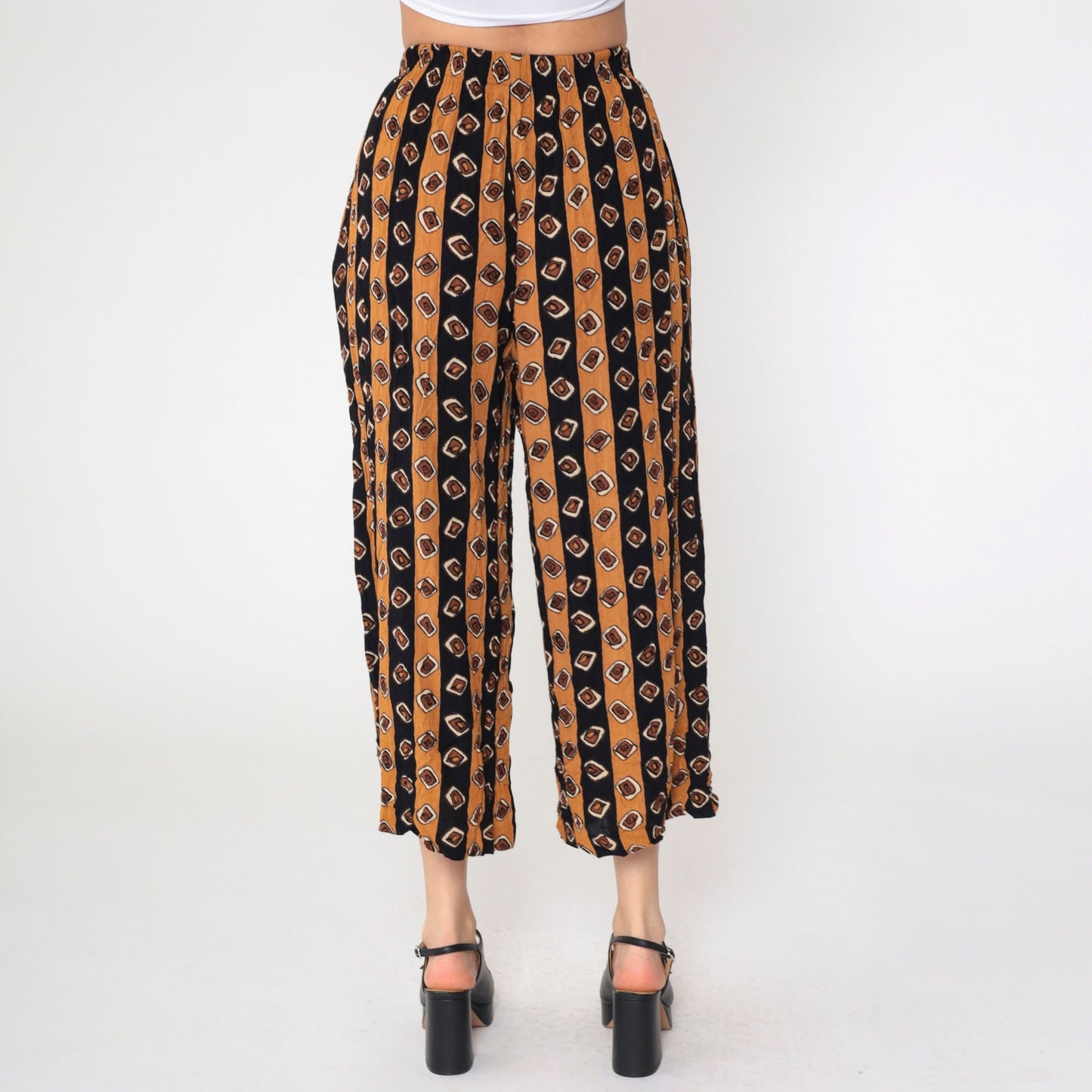 90s Geometric Striped Rayon Capri Pants Burnt Orange Black Elastic Waist XS