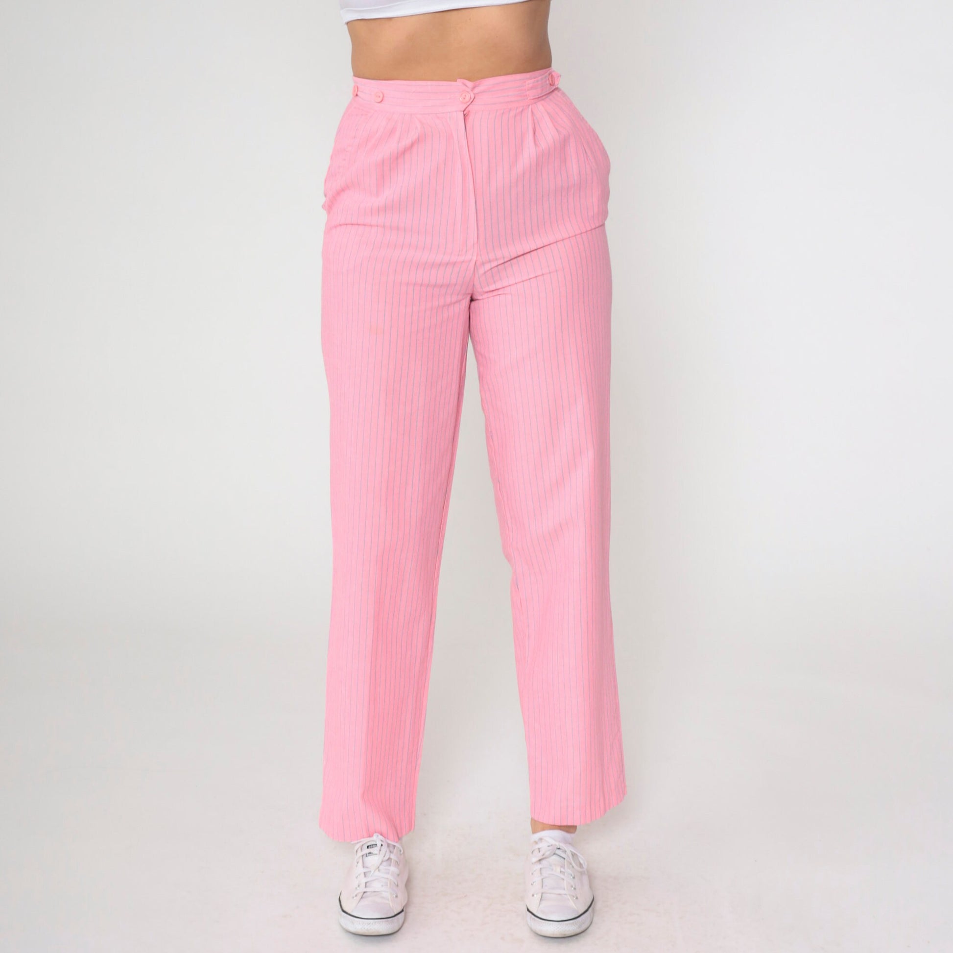 80s Pink Pinstripe High-Rise Pleated Trousers Straight Leg Small
