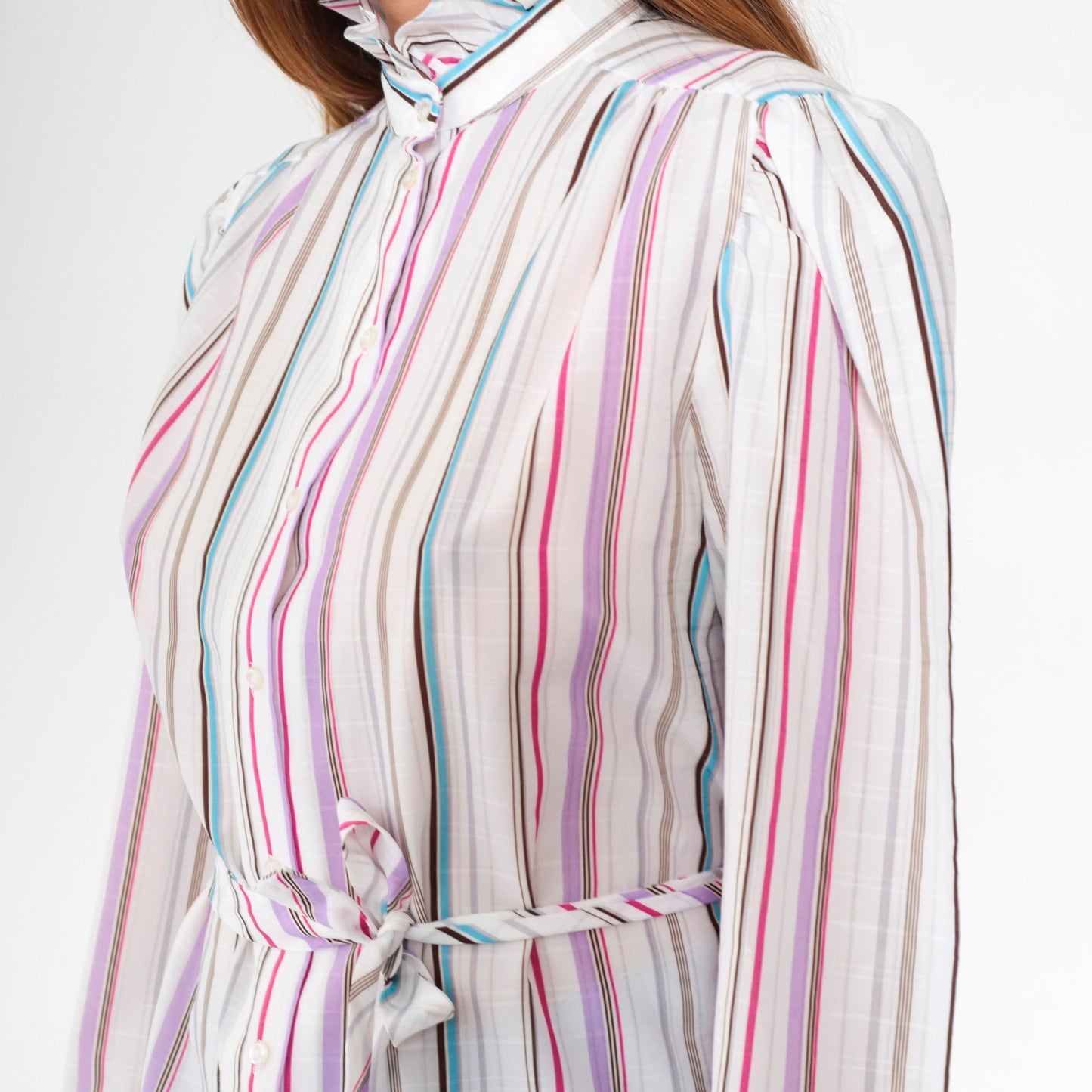 80s Jonquil Striped Button-Up Blouse Puff Sleeve Ruffle Collar Multicolor Large