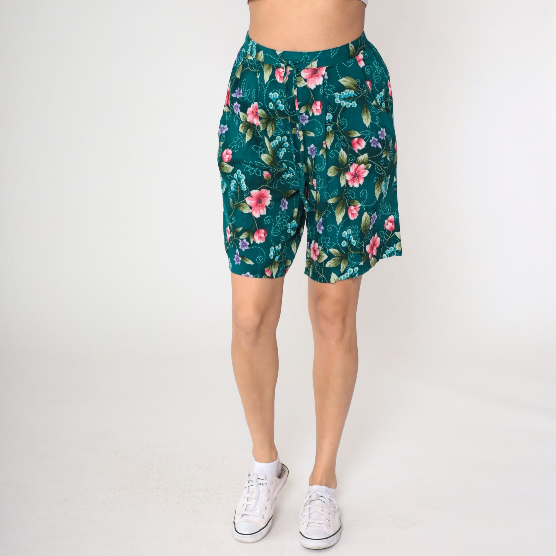 90s Jaclyn Smith Floral Shorts Teal Rayon High Waist Pleated Bermuda Medium