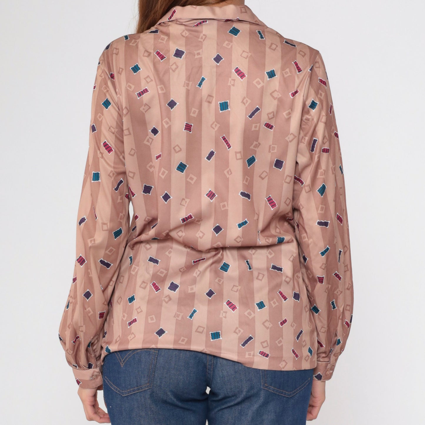 70s Confetti Geometric Striped Button-Up Blouse Dusty Rose Taupe Large L