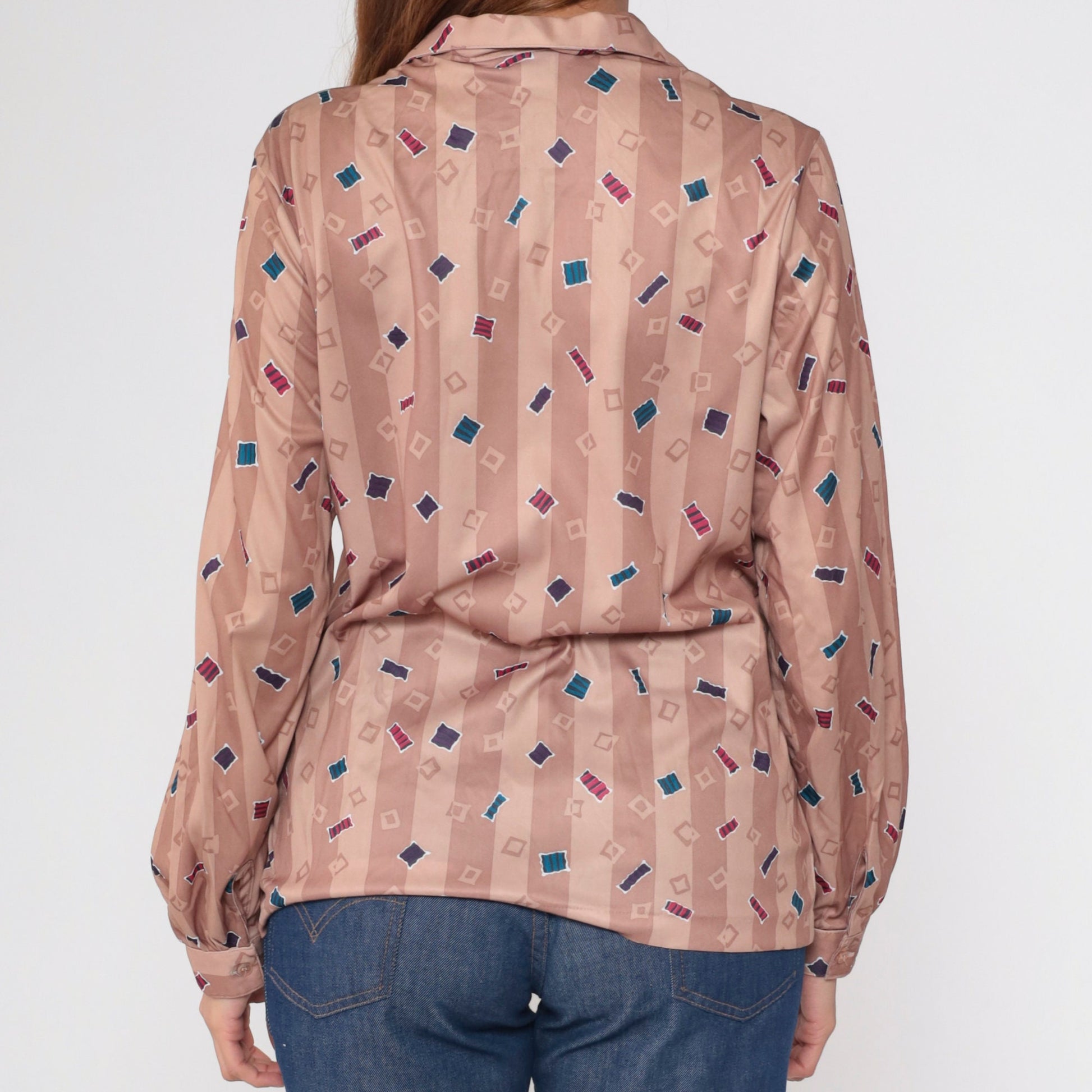 70s Confetti Geometric Striped Button-Up Blouse Dusty Rose Taupe Large L