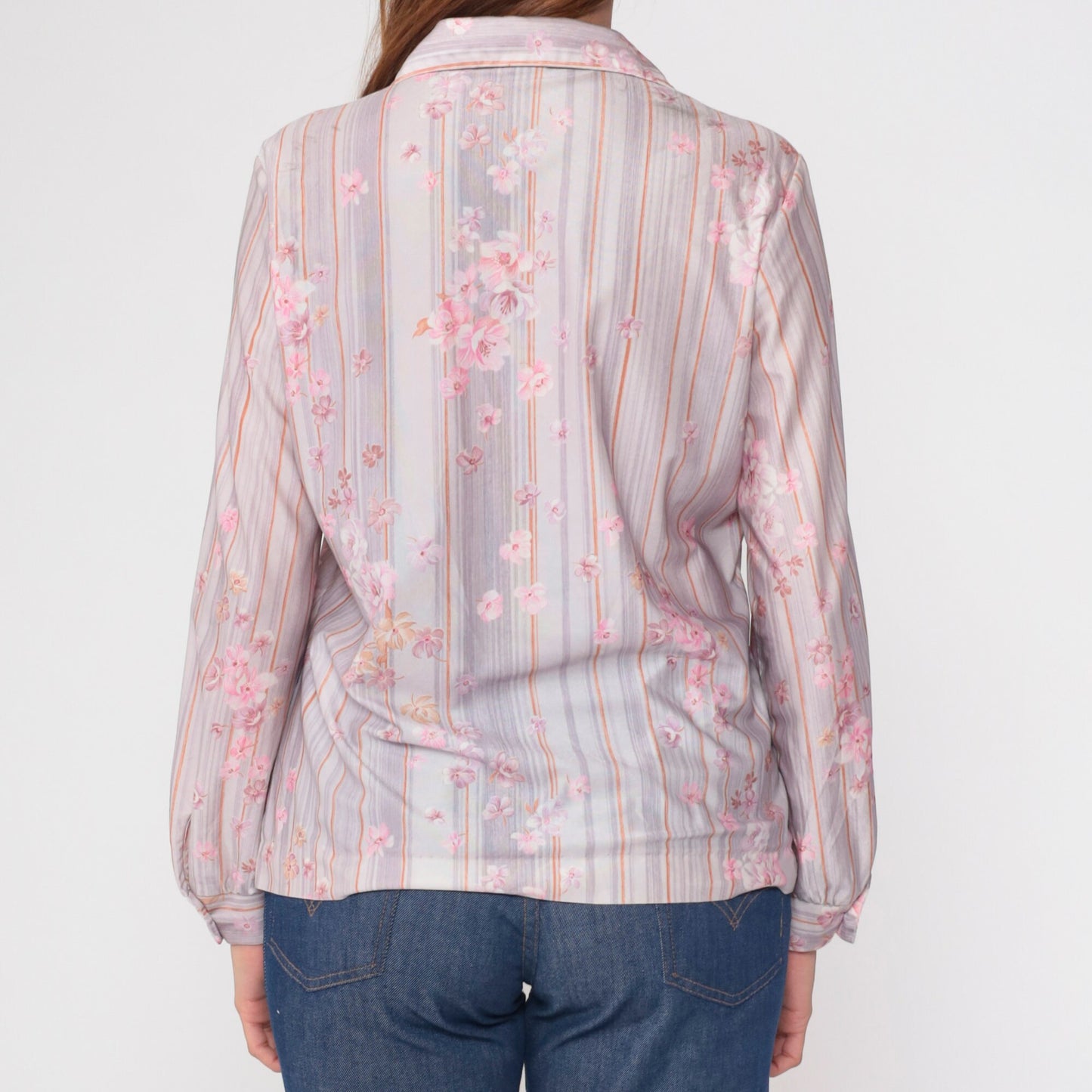 70s Striped Floral Button-Up Blouse Pink Lavender Long Sleeve Shirt Medium Large