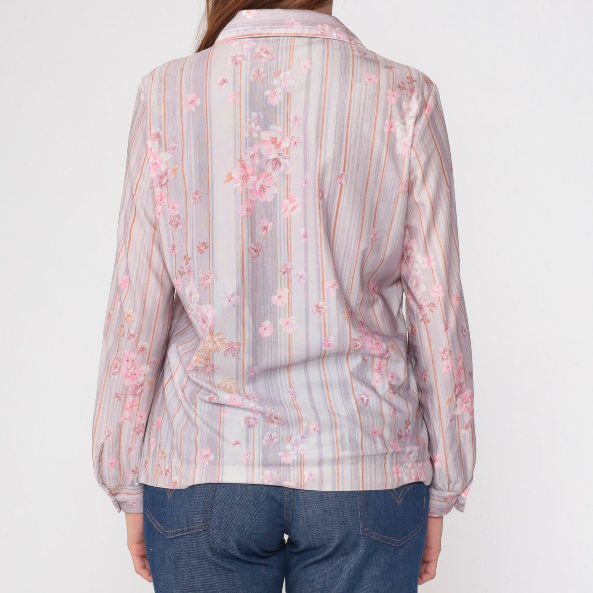 70s Striped Floral Button-Up Blouse Pink Lavender Long Sleeve Shirt Medium Large