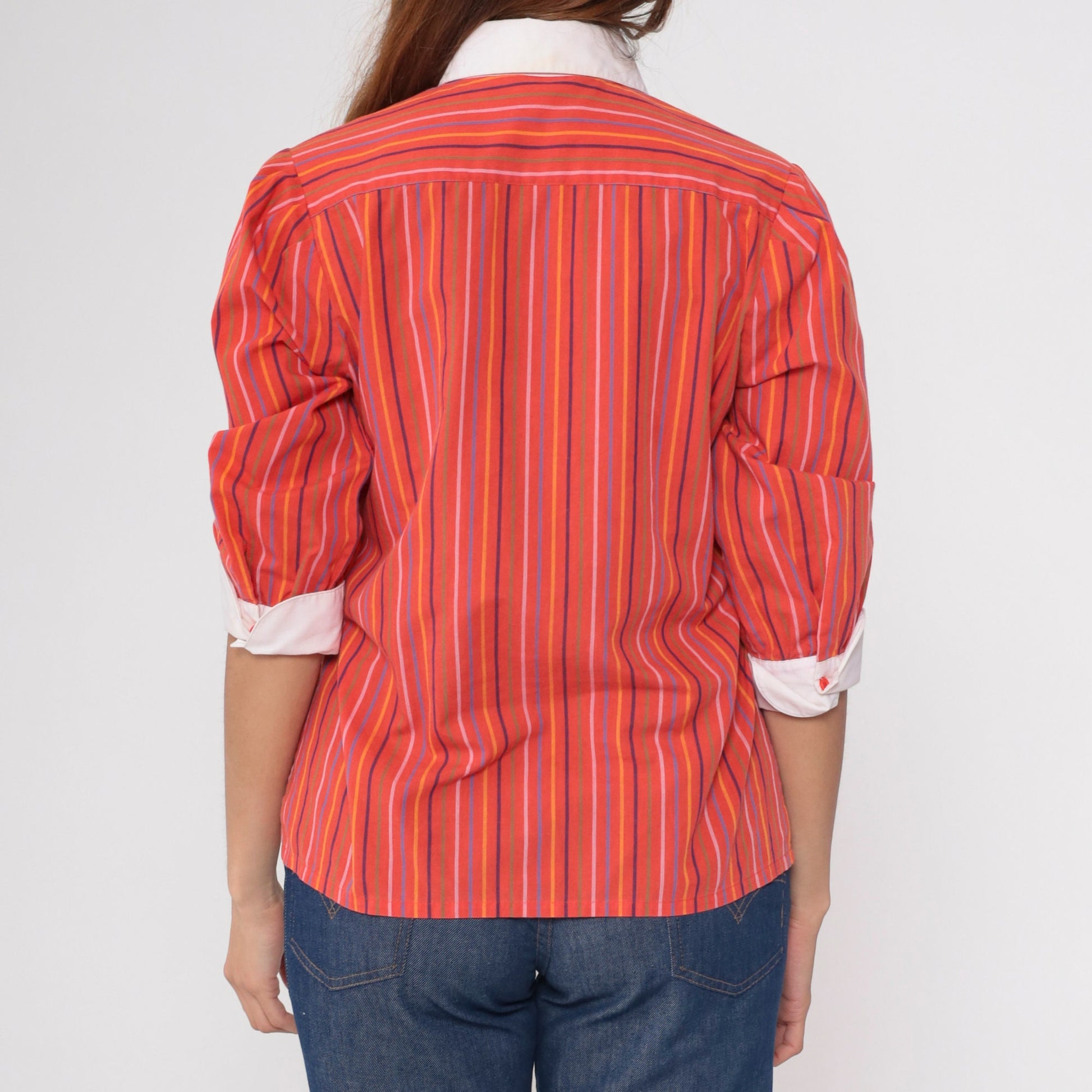 70s Red Striped Peter Pan Collar Blouse 3/4 Sleeve Button Up Medium