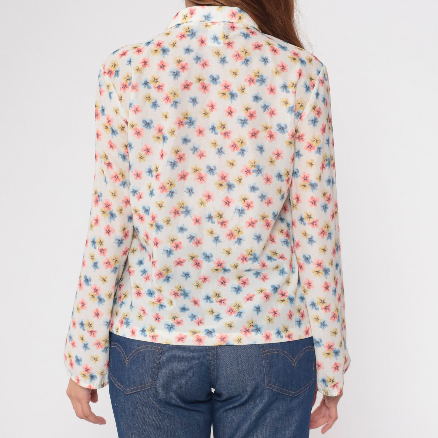 70s Floral Button-Up Blouse White Pink Blue Long Sleeve Collar Medium