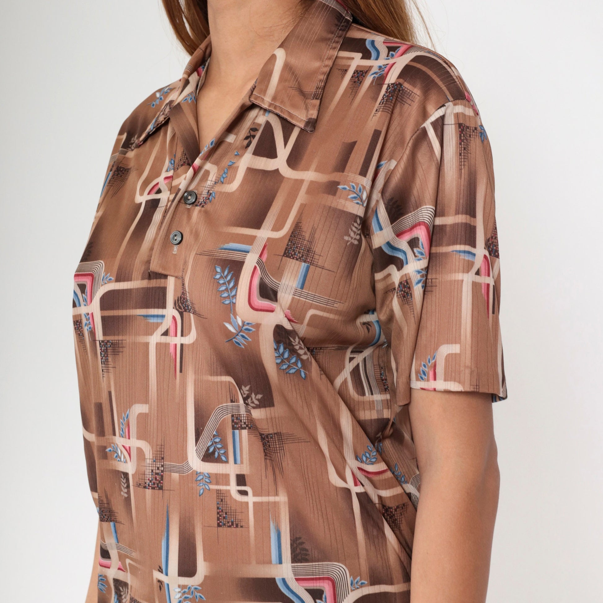 70s Geometric Psychedelic Polo Shirt Brown Dagger Collar Men's Medium Large