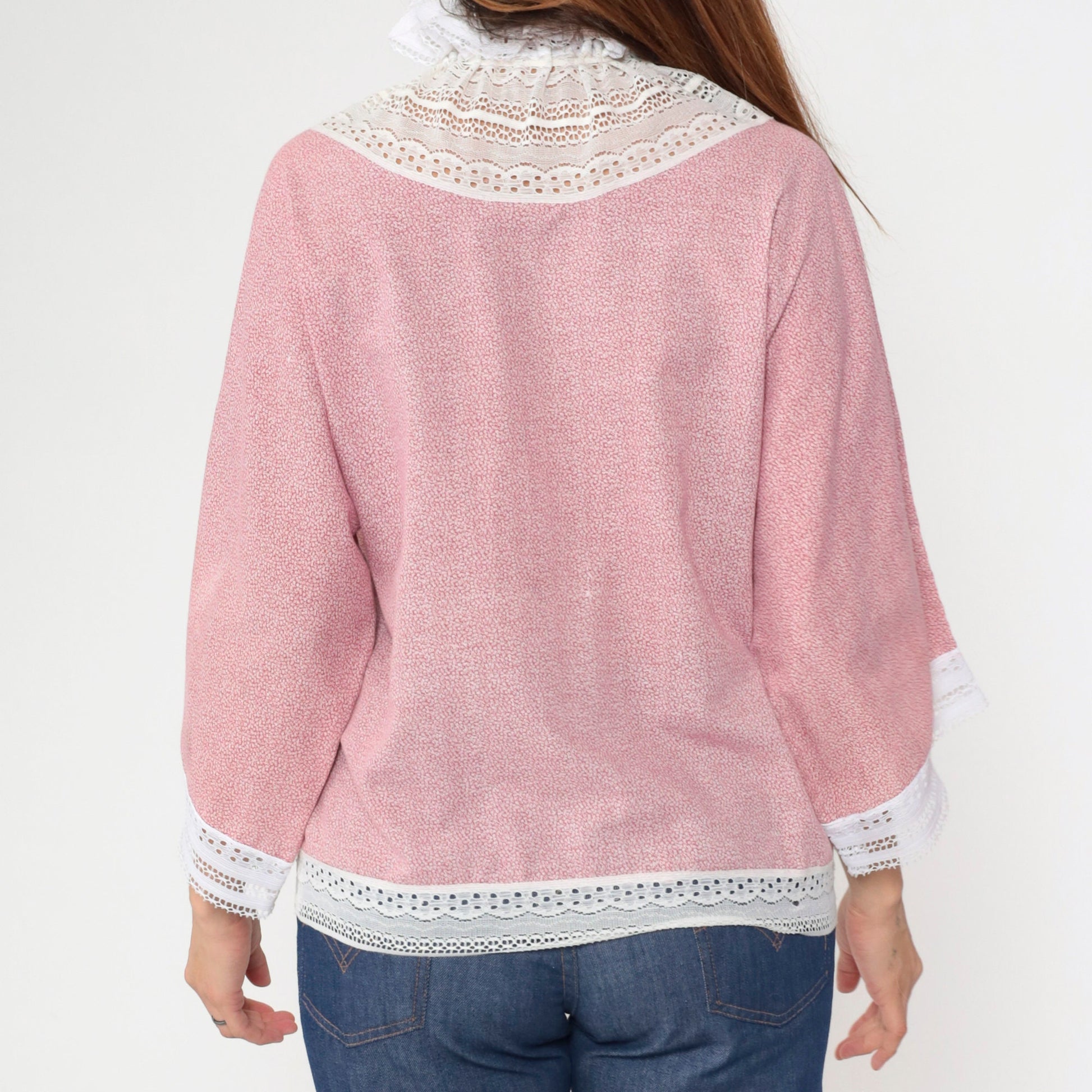 70s Pink Calico Floral Blouse Lace Ruffle Drawstring Neckline Wide Sleeve Medium