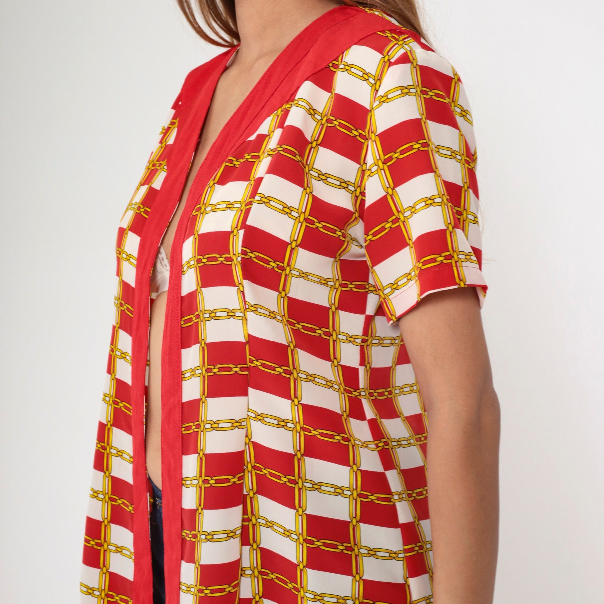 80s Chain-Link Red White Checkered Open Front Blouse Short Sleeve Small Medium