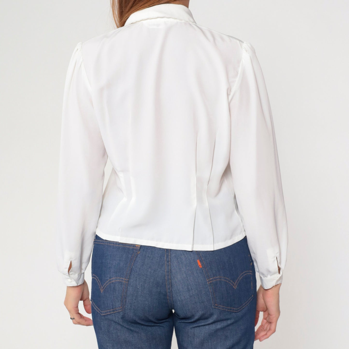 90s White Lace Blouse Paisley Floral Embroidery Cutout Puff Sleeve Button Up Medium