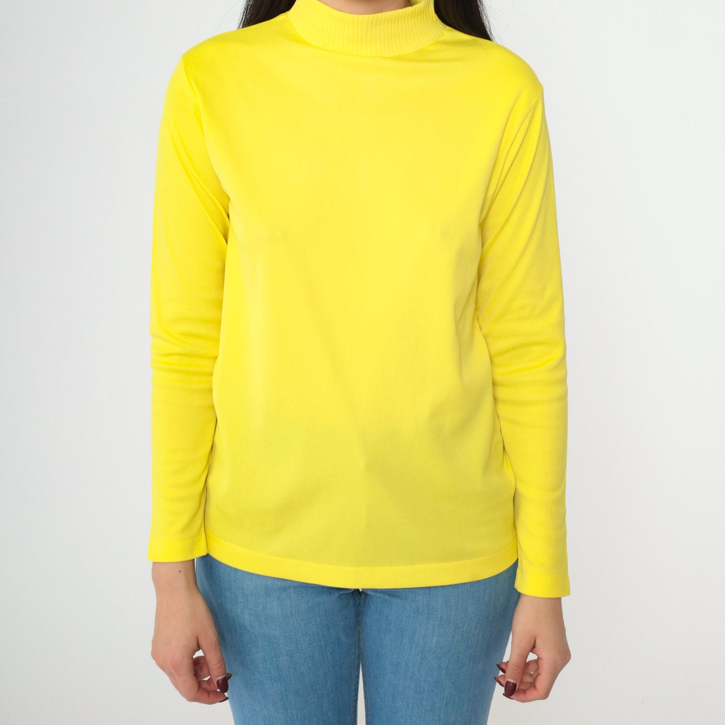 70s Yellow Mock Neck Blouse Long Sleeve Polyester Vintage Shirt Small