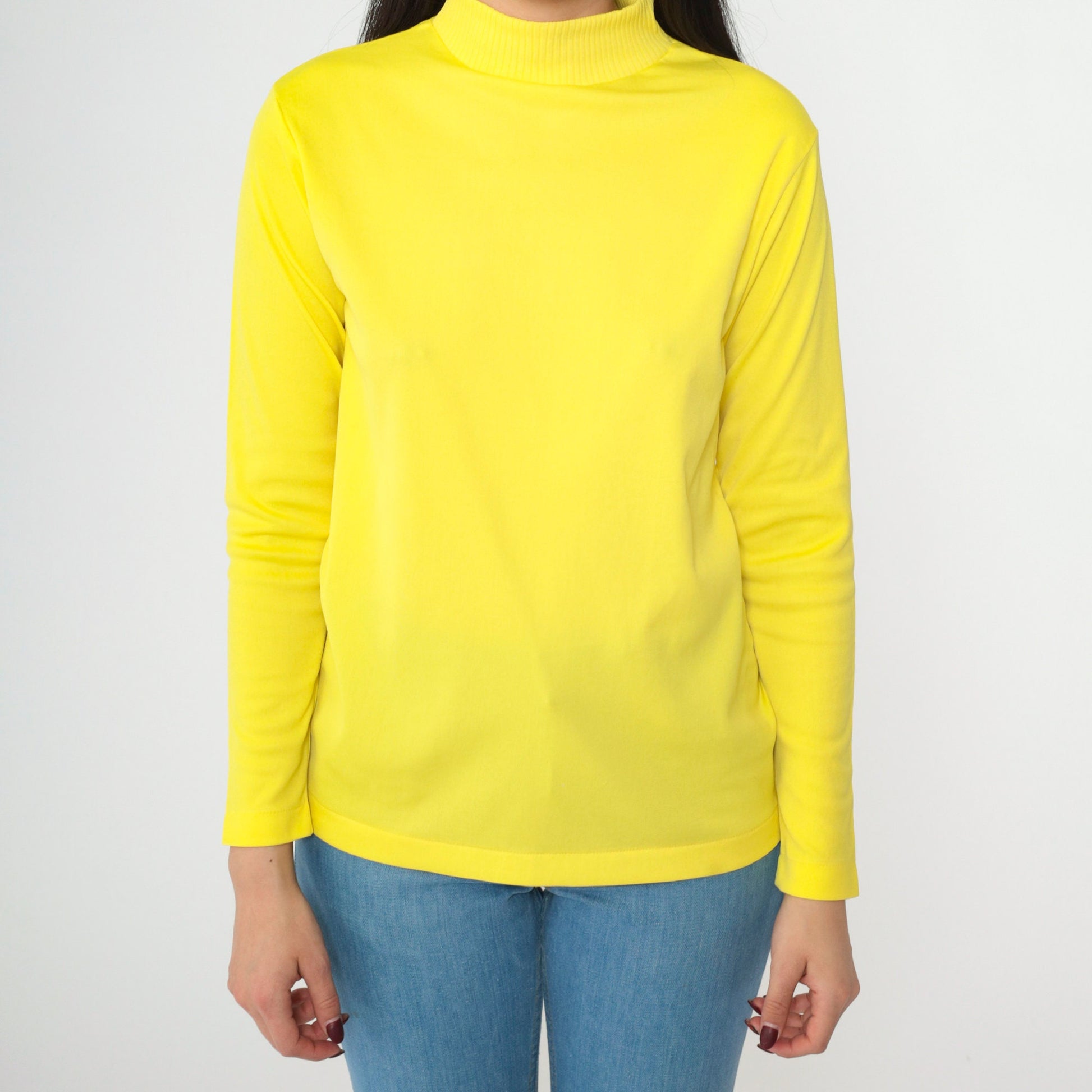 70s Yellow Mock Neck Blouse Long Sleeve Polyester Vintage Shirt Small