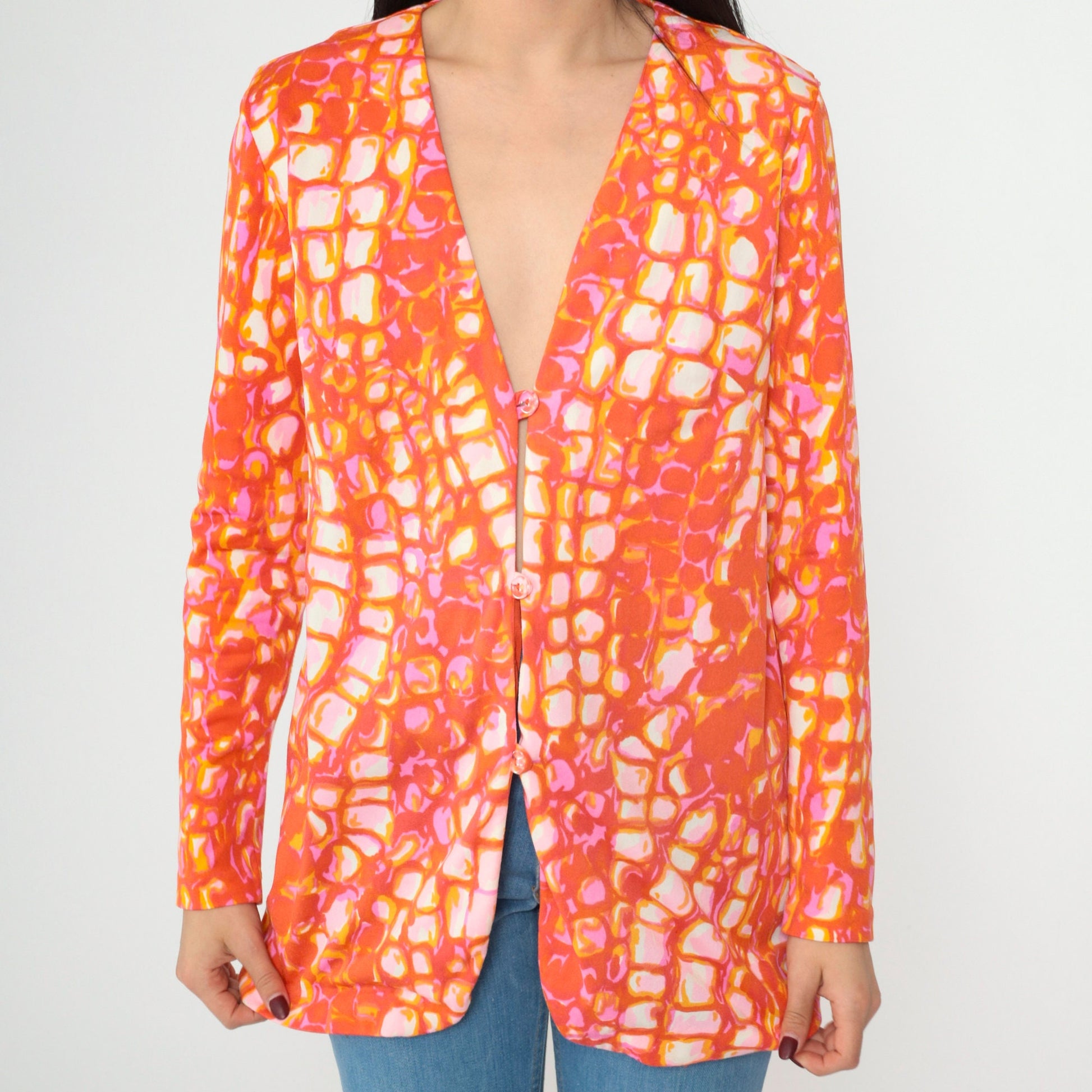 70s Cole of California Psychedelic Geometric Blazer V-Neck Orange Pink Medium