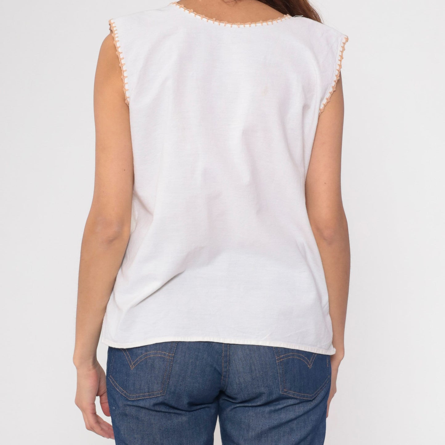 90s White Floral Embroidered Tank Top Scoop Neck Sleeveless Medium