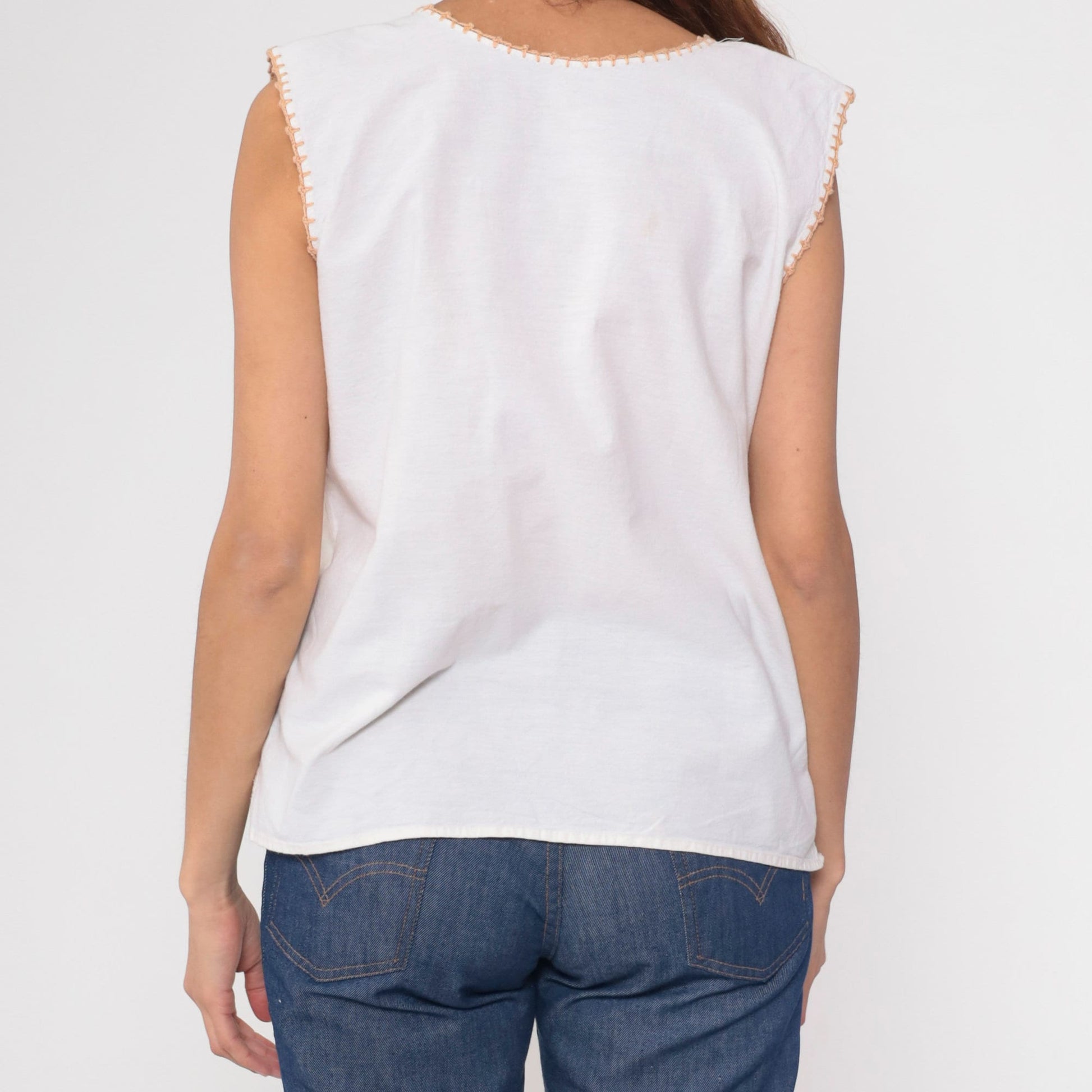 90s White Floral Embroidered Tank Top Scoop Neck Sleeveless Medium
