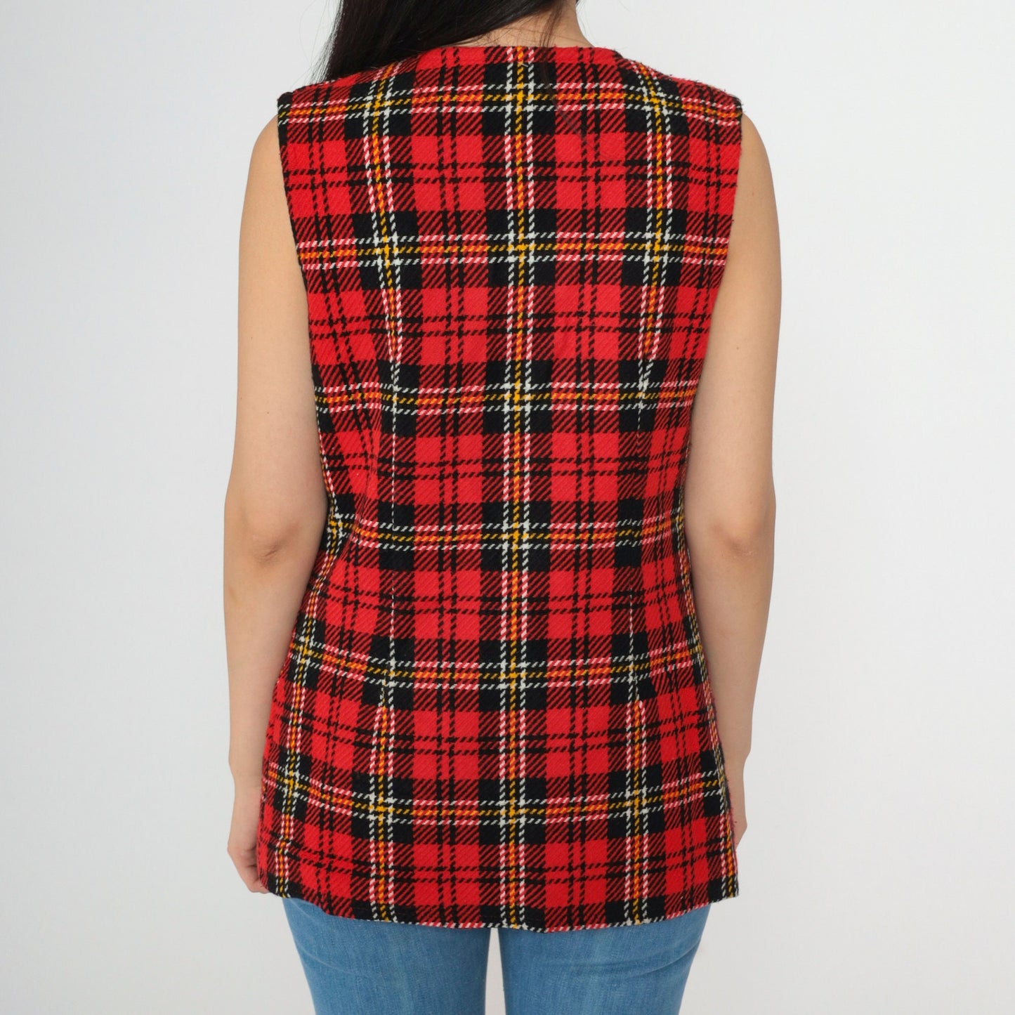 1960s Red Black Plaid Button Vest V-Neck Sleeveless Tartan Small